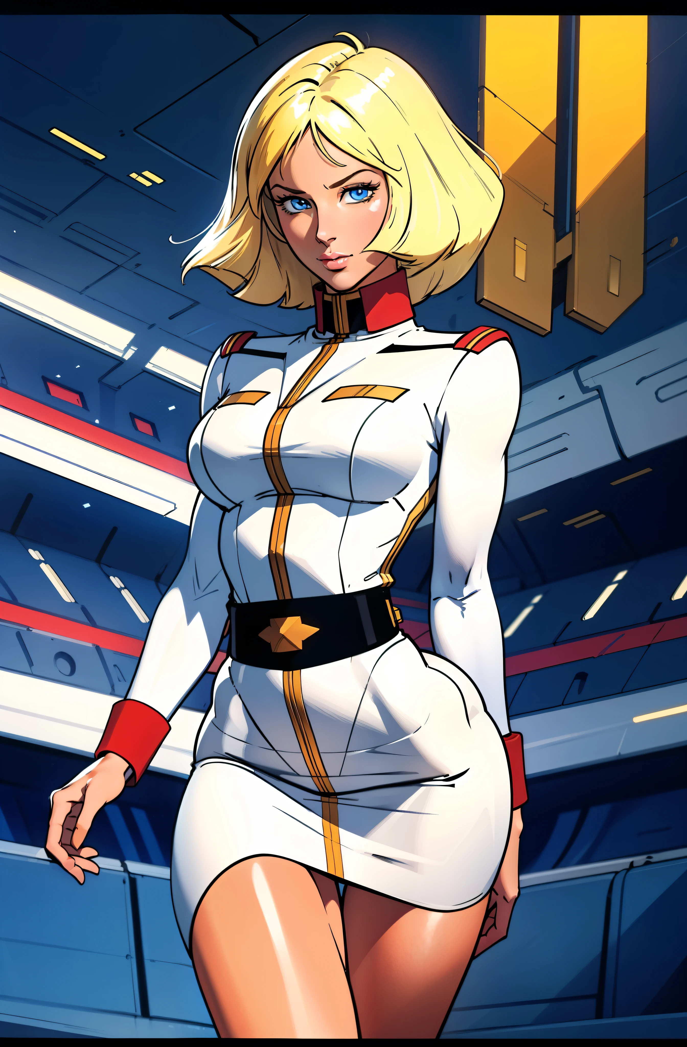 ((masterpiece)), ((cinematic lighting)), realistic photo、Real Images、Top image quality、1girl in, sayla mass, Elegant, masterpiece, Convoluted, slim arms, wide hips, thick thighs, thigh gaps, Best Quality, absurderes, high face detail, Perfect eyes, mature, Cowboy Shot, , Vibrant colors, White uniform, Skirt,