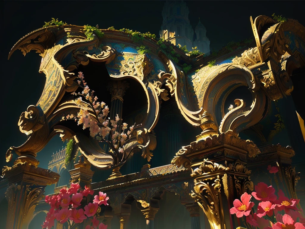 (a palace complex),(oil painting),(detailed palace architecture,detailed garden with colorful flowers,towering pillars,ornate decorations),(best quality,highres,ultra-detailed),(realistic:1.37),(vibrant colors),(soft natural lighting)