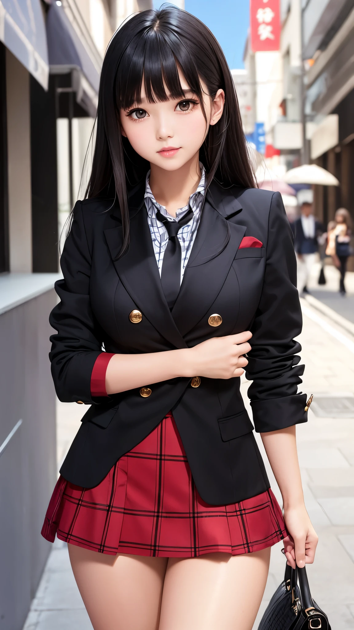 Detailed face、highlight、girl、thigh、breast enhancement、black髪、Heavy bangs、(blazer、red、black、)(Checked mini skirt、)