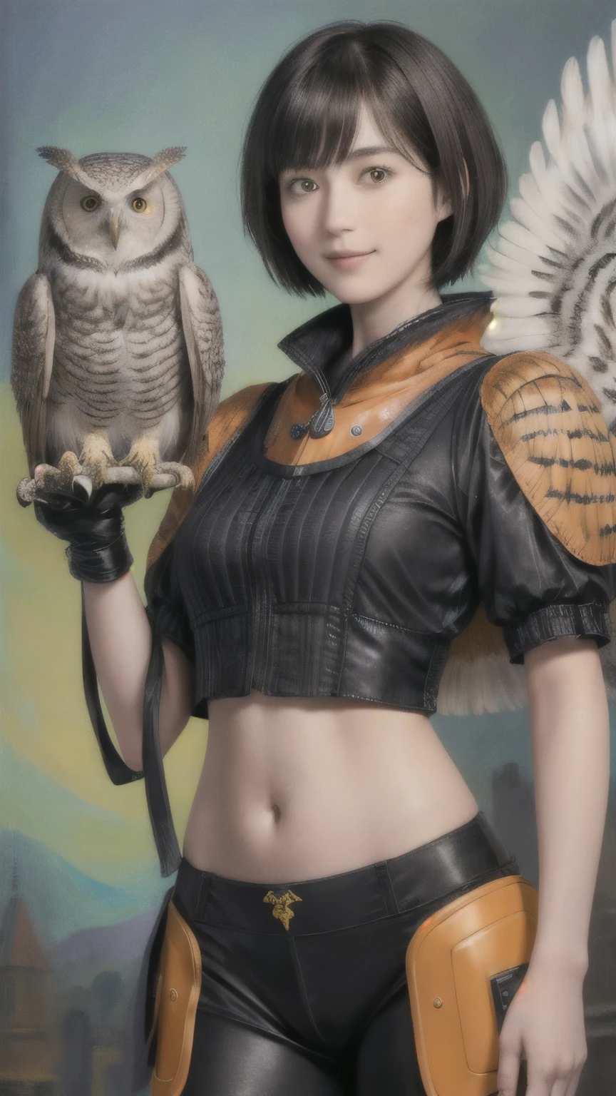 224 Short Hair, 20-year-old woman, A kind smile, (There are also colorful owls), (Rembrandt-style painting), ((machinery suit,Clothes with short sleeves)),I can see your abs