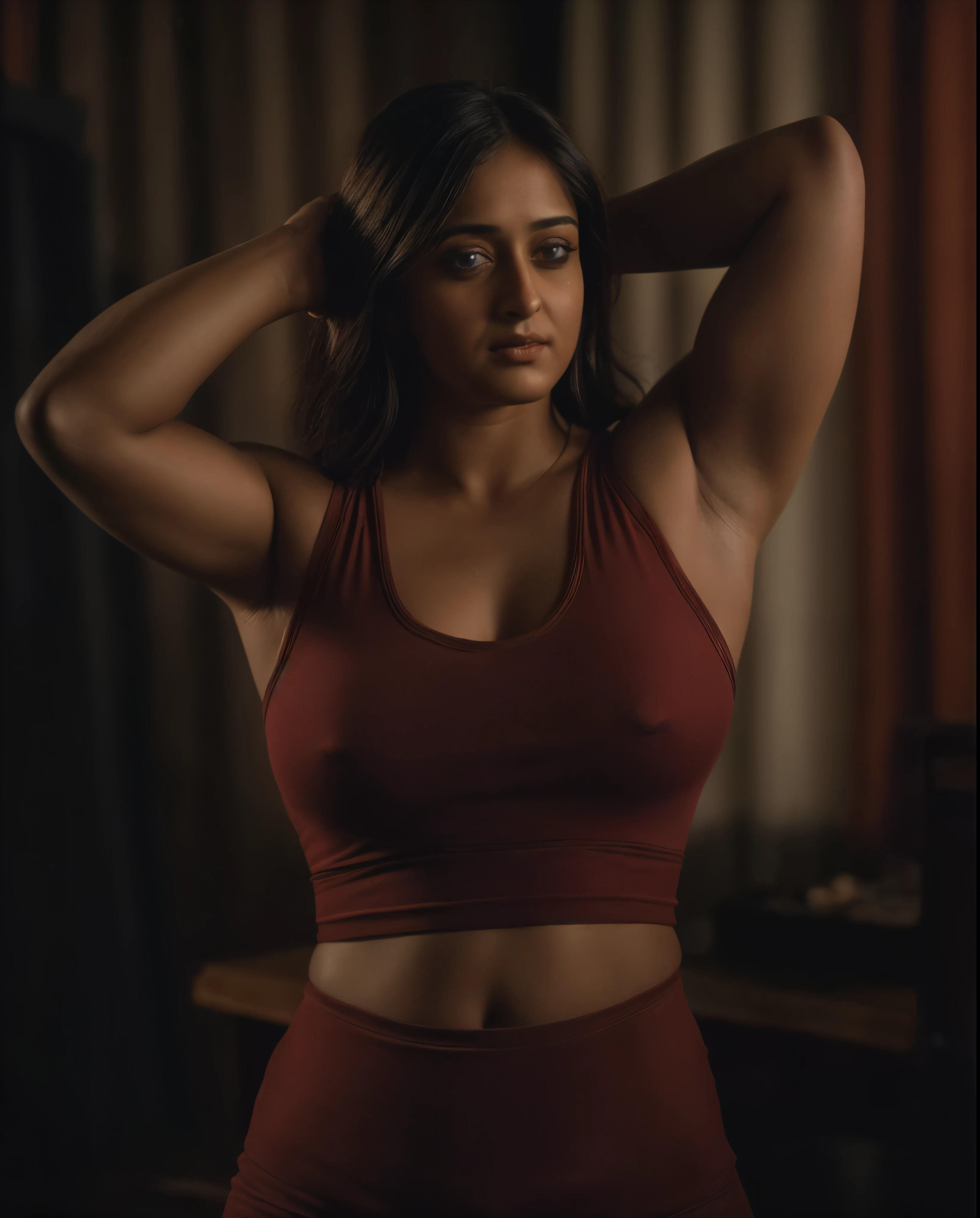 (close-up, editorial photograph of a 35 year old woman), looks like Anushka Shetty, (highly detailed face:1.4) (smile:0.7) (background inside dark, moody, private study:1.3) POV, by lee jeffries, nikon d850, film stock photograph ,4 kodak portra 400 ,camera f1.6 lens ,rich colors ,hyper realistic ,lifelike texture, dramatic lighting , cinestill 800,