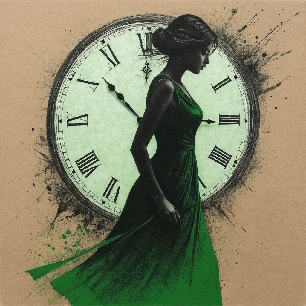 Charcoal drawing, black pencil drawing, pencil drawing, line drawing, black and white drawing, graphite drawing, toned paper,
A bright green monochrome image of a woman's silhouette, determinedly walking against the flow of time, represented by a clock that seems to disintegrate behind her. Her shadow is long, stretching across the stage, and she wears a flowing, elegant dress that reflects the light. The atmosphere is both mysterious and inspiring, with a sense of urgency in the air.
Art by Antonio Mora, Andre Cohn, Arthur Bordalo, Bob Ringwood, Benedick Ban,