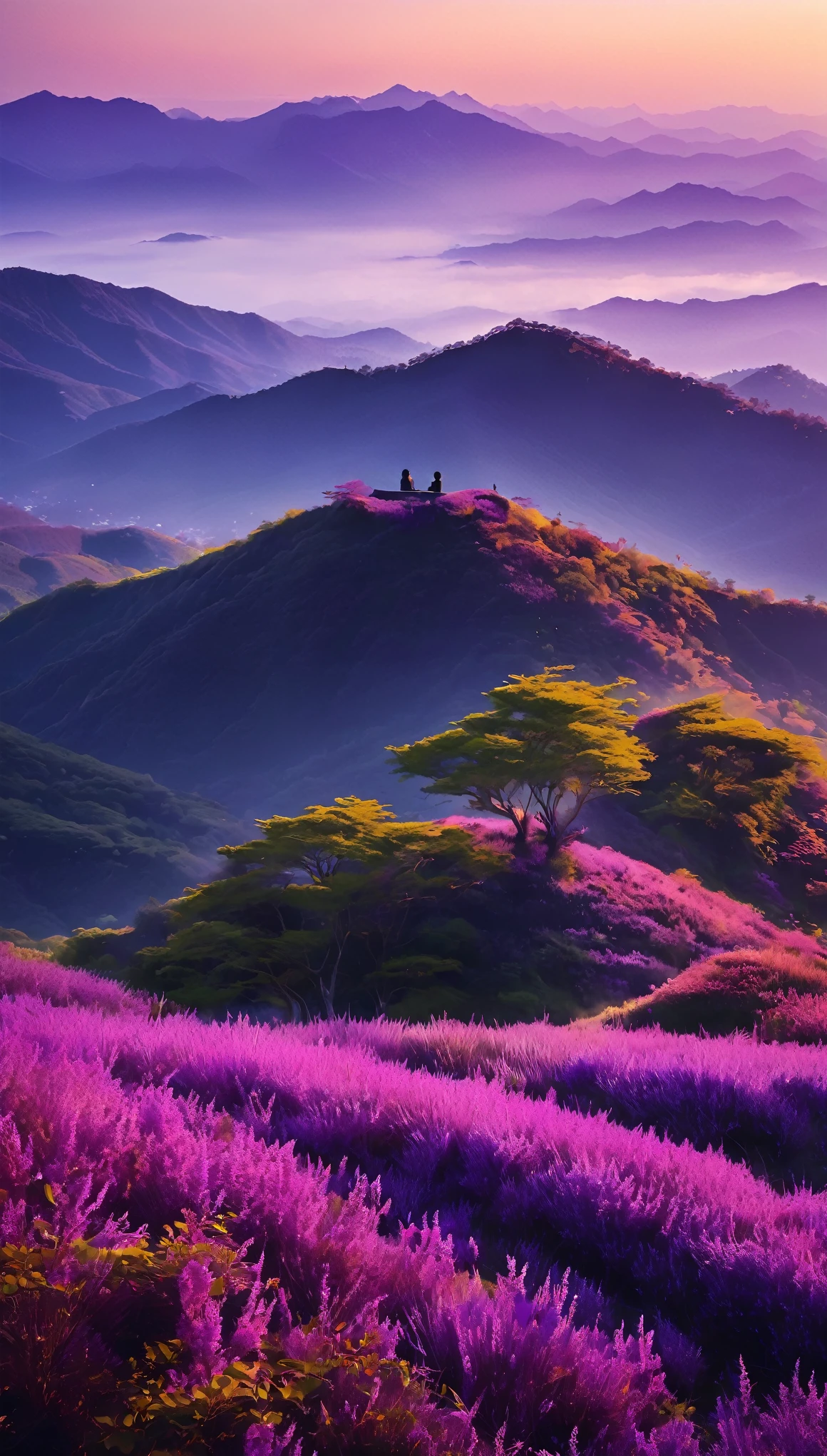 Two people engaged in deep conversation atop a majestic purple mountain、The sun begins to set、It cast a warm and mysterious glow on the landscape.。The unique color of the mountain、The vibrant shades of lilac and mauve dominate the background.、Adds a mystical touch to the scene。The two of them were dressed in contrasting colours.、Take in the breathtaking views of the surrounding area、Expressing deep connection through body language、They seem to be engrossed in the discussion.。The gentle sound of the wind々Swinging between、The occasional chirping of birds creates a tranquil atmosphere.。High definition、