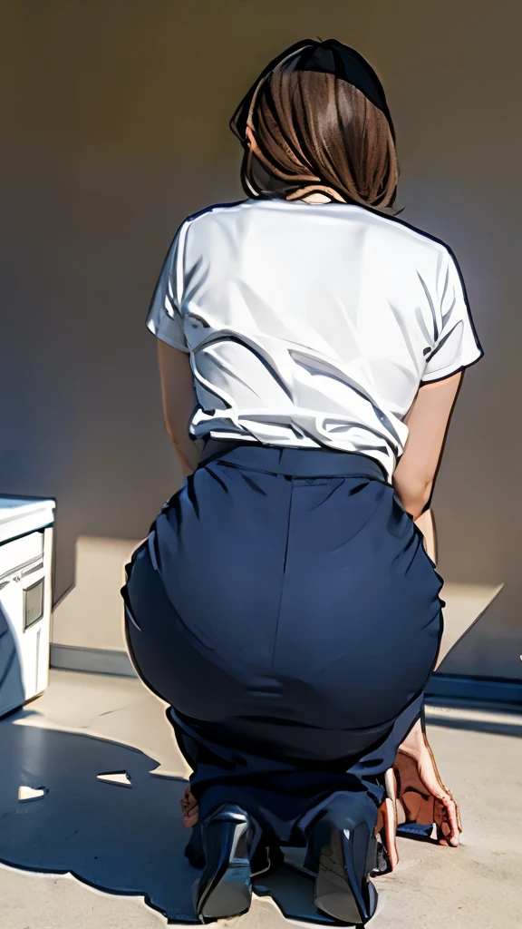 ((highest quality)), ((masterpiece)), (Familiar), (High resolution), (Genuine), 8k, Best Shadow, Side lighting, Cinematic、(Complex:1.4)、((An office lady kneels opposite a businessman standing with his legs apart, Look up at him.))、Mature Woman,Back view、Very thin body、Grey suit、(Grey pencil skirt)、Low Angle、(Bright office reception room)、Her bra is visible through the back of her shirt