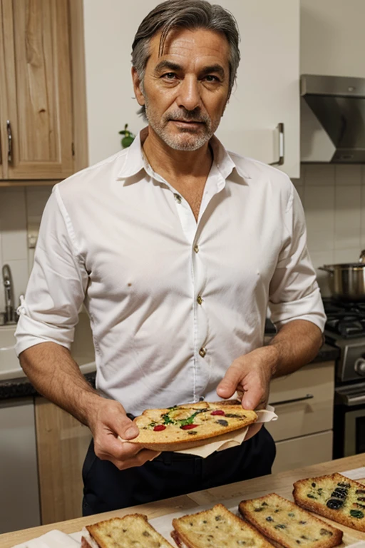 italian chief who looks old, handsome and professional prepares focaccia