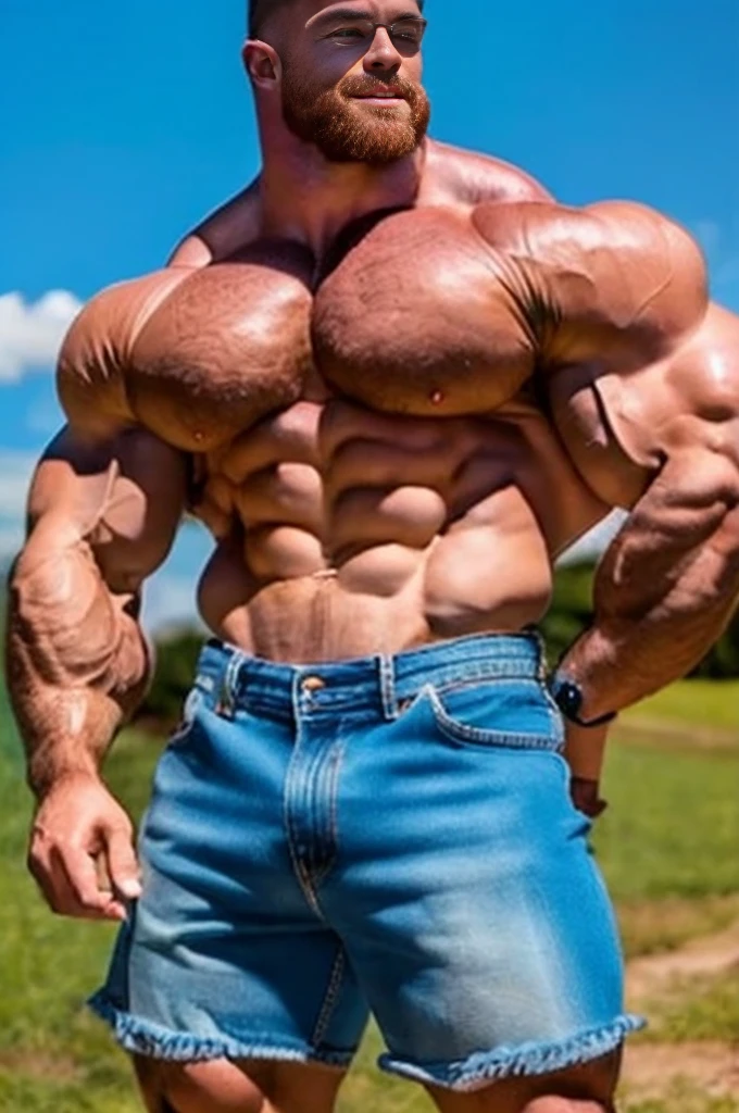 bodybuilder flexing his biceps, extremely short shorts with massive crotch bulge, extremely short denim cutoffs, sleeveless flannel shirt, 700 pounds of muscle, extraordinary attractive European man with radiant blue eyes, (handsome:1.5), (gorgeous:1.6), (beautiful:1.3), ginger, short hair, rugged, park, sunny day, ginger