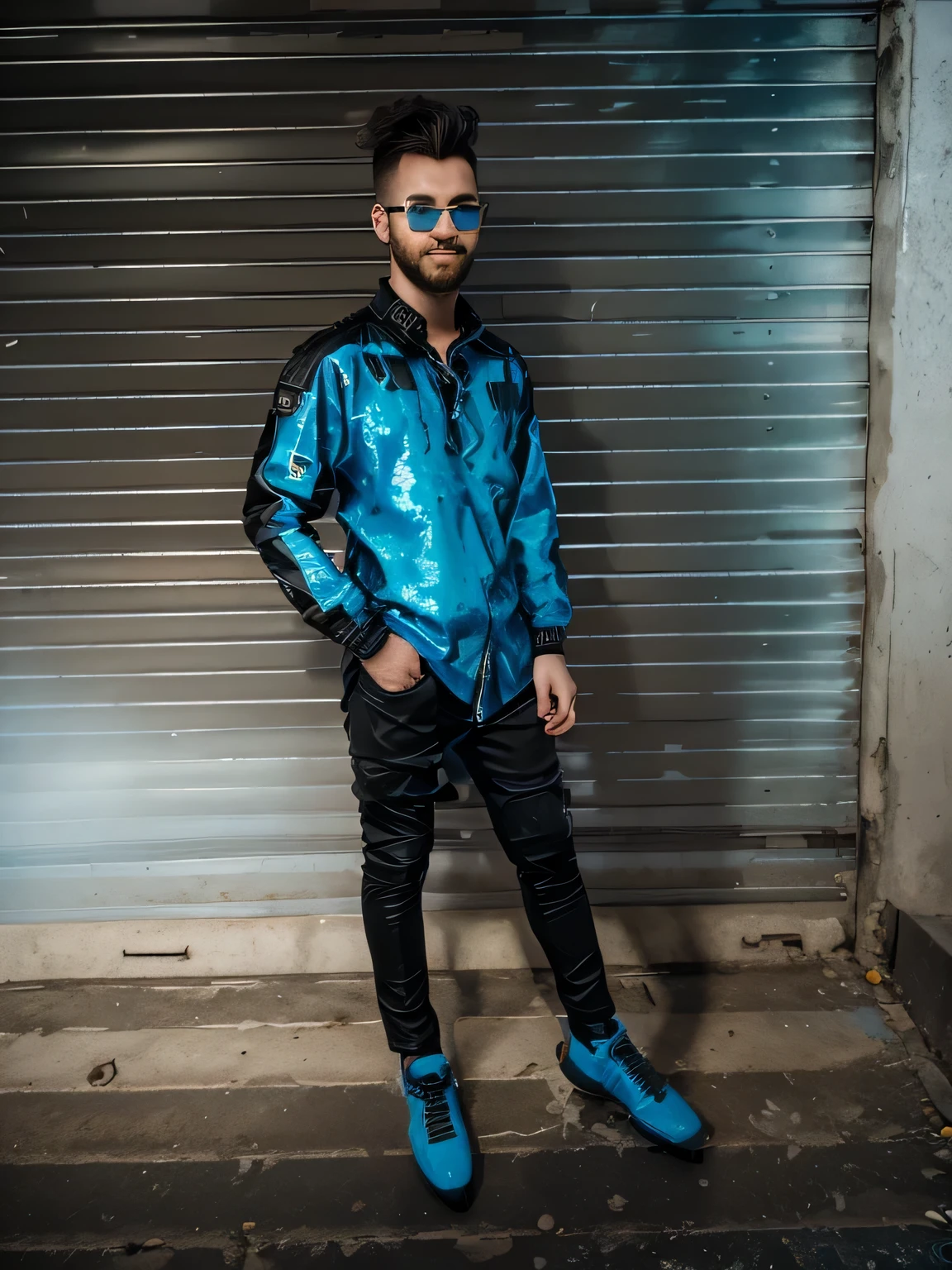 Cyberpunk 2077, Guy, 18 years old, with a beard, short black disheveled hair, blue eyes, black pants, a hockey jersey of the Soviet hockey team, stands against the background of an old Soviet car Sunglasses smiling