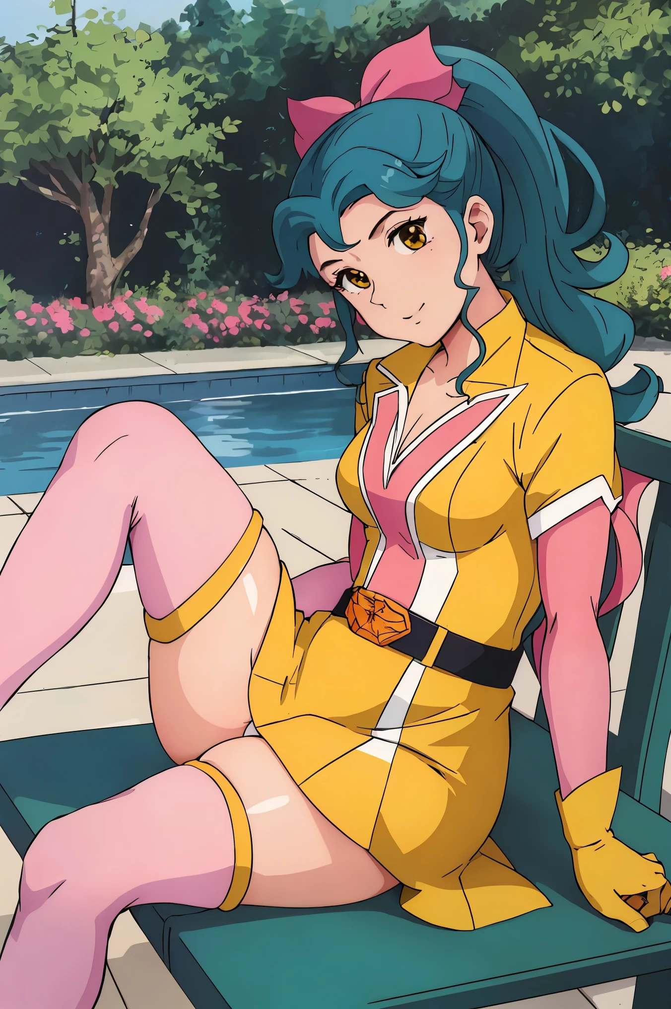 masterpiece, highest quality,poolside, 1 girl,alone,garden chair,
Megumi,Yellow Boots, Pink sleeves,Green Hair,sit,Big Ass.Legs spread in an M shape,