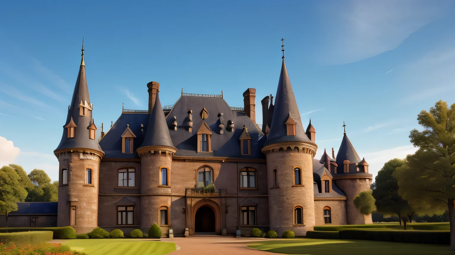 a grand castle with turrets and secret passages.