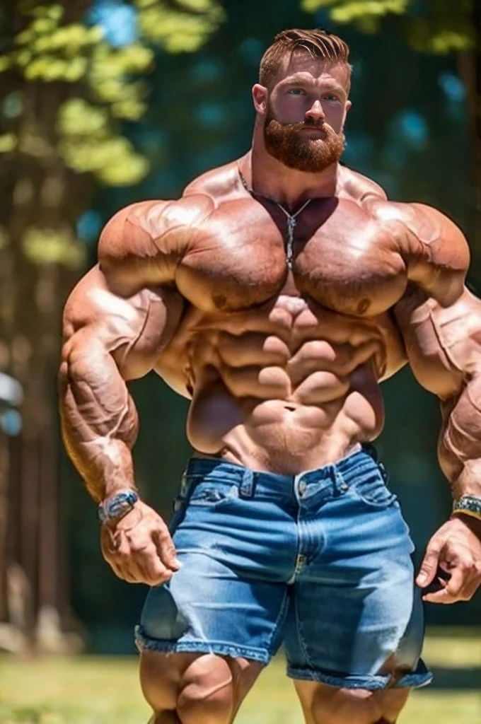 bodybuilder flexing his biceps, extremely short shorts with massive crotch bulge, extremely short denim cutoffs, sleeveless flannel shirt, 700 pounds of muscle, extraordinary attractive European man with radiant blue eyes, (handsome:1.5), (gorgeous:1.6), (beautiful:1.3), ginger, short hair, rugged, park, sunny day, ginger