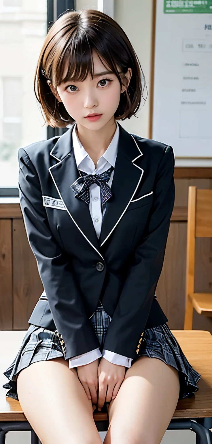 top-quality、Super Detail、front of view、、((wearing school uniform)),、a、You can see up to the feet、skinny thigh、perfect hand、perfect foot、Perfect body、Sexy Shots, Photorealsitic, 8K、The lateral chest is visible、、Ordinary chest、Beautiful body lines、being thin、short hair、Skin revealing,,((plaid miniskirt)),,((plaid ribon,plaid bow)),in classroom,,,(((showing race panties))),,wavy short and Brown hair,makeup,((blazer style uniform,sitting on the desk,detailed panties,cute panties,spreading legs open wide with knees bent,creating the shape of the letter