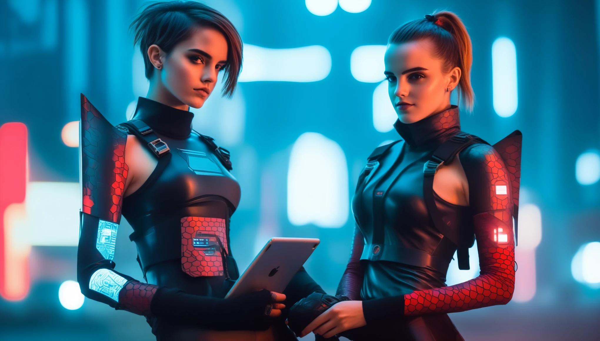 Two young female hackers sitting on the hood of an APC in a cyberpunk metropolis facing the viewer, right arm resting on her waist, left arm held forward holding a transparent smart tablet, short silverwhite undercut haircut, immaculate skin, thoughtful look on her face, sweat on her skin, full lips, small breasts, legs crossed, fullbody black and red skintight cyberpunk underarmor with intricate hexagon pattern, synthetic utility vest with attached wearable computer, black leather utility belt with multimeter and some probes attached, thigh high black latex boots, cutoff gloves, no makeup, natural fingernails, emma watson, edgFut_clothing, neons, electric circuits