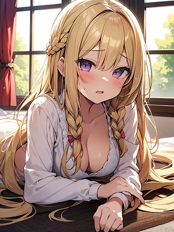 Tabletop, highest quality,figure, wallpaper, Super detailed, Absurd beauty、Lying down、Sloppy、Laziness、((1 beautiful girl、))、(Blonde、Long Hair、Braided hair、Wavy Hair、Being lazy、Showing cleavage),((ecstasy face))、My Room、Casual attire、Summer clothes、Loungewear、evening、Backlight、The window is open