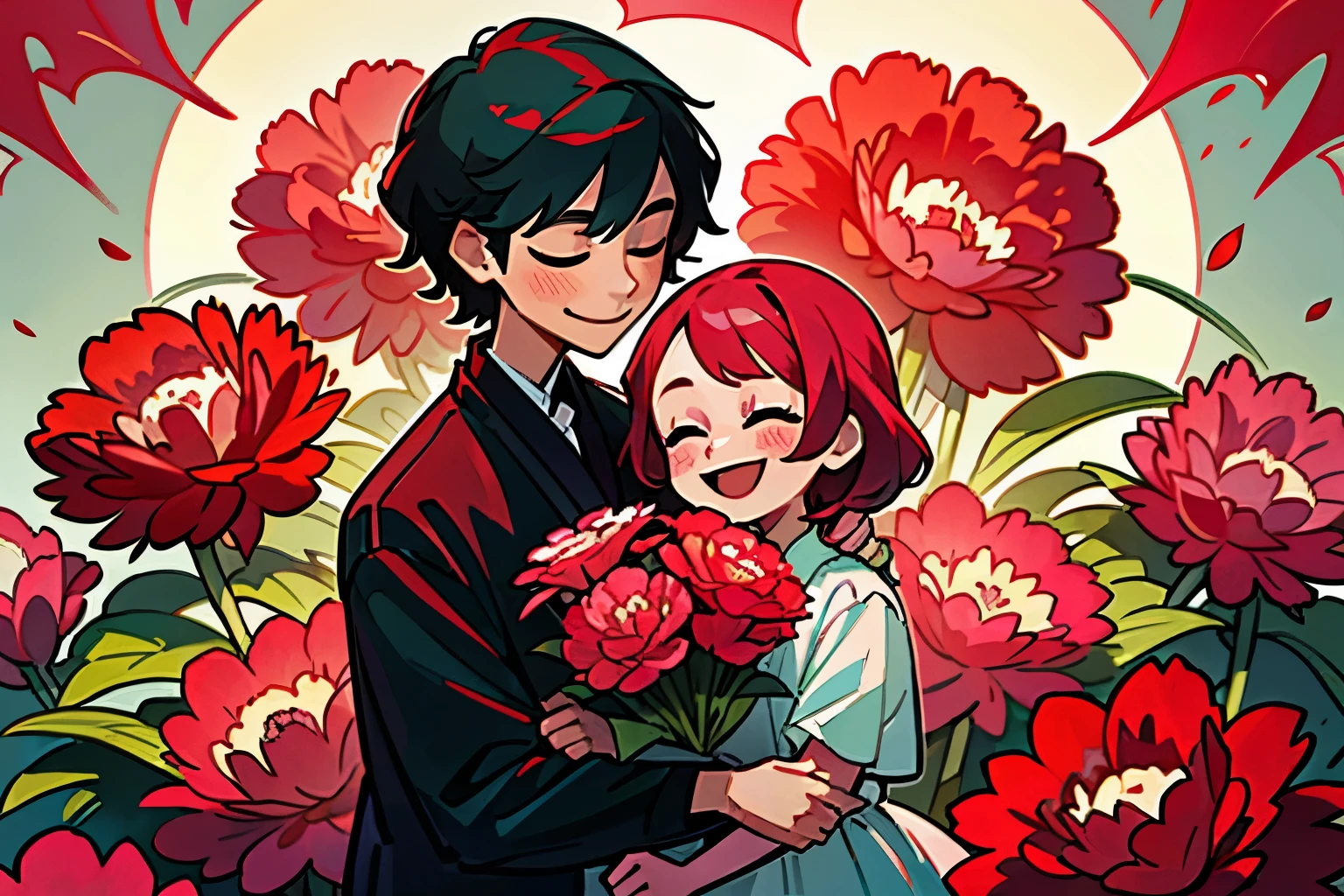 A child is presenting a red bouquet to his mother、carnation、Red and pink flowers、Jagged petals、Lots of petals、Smiling 、Smiling mom、fun、happy