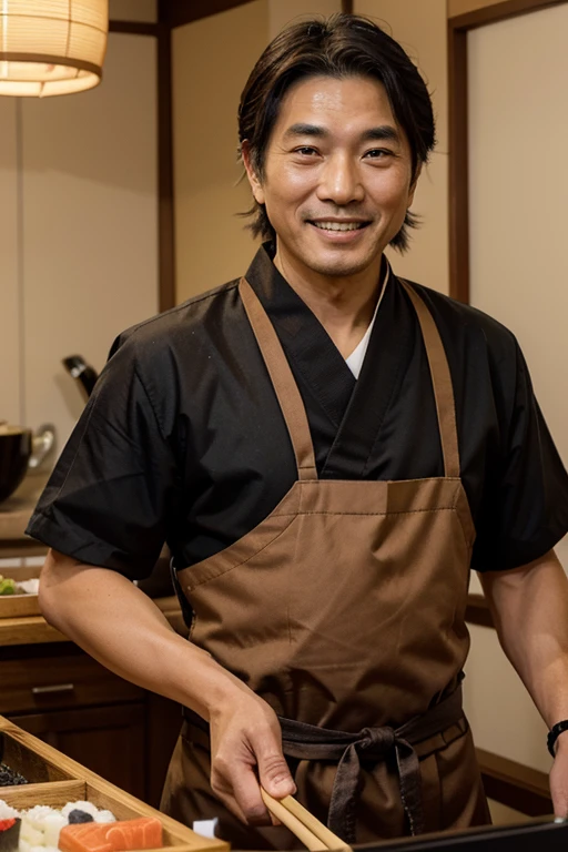 japenese chief who looks old, handsome and professional prepare traditional sushi and he smiles