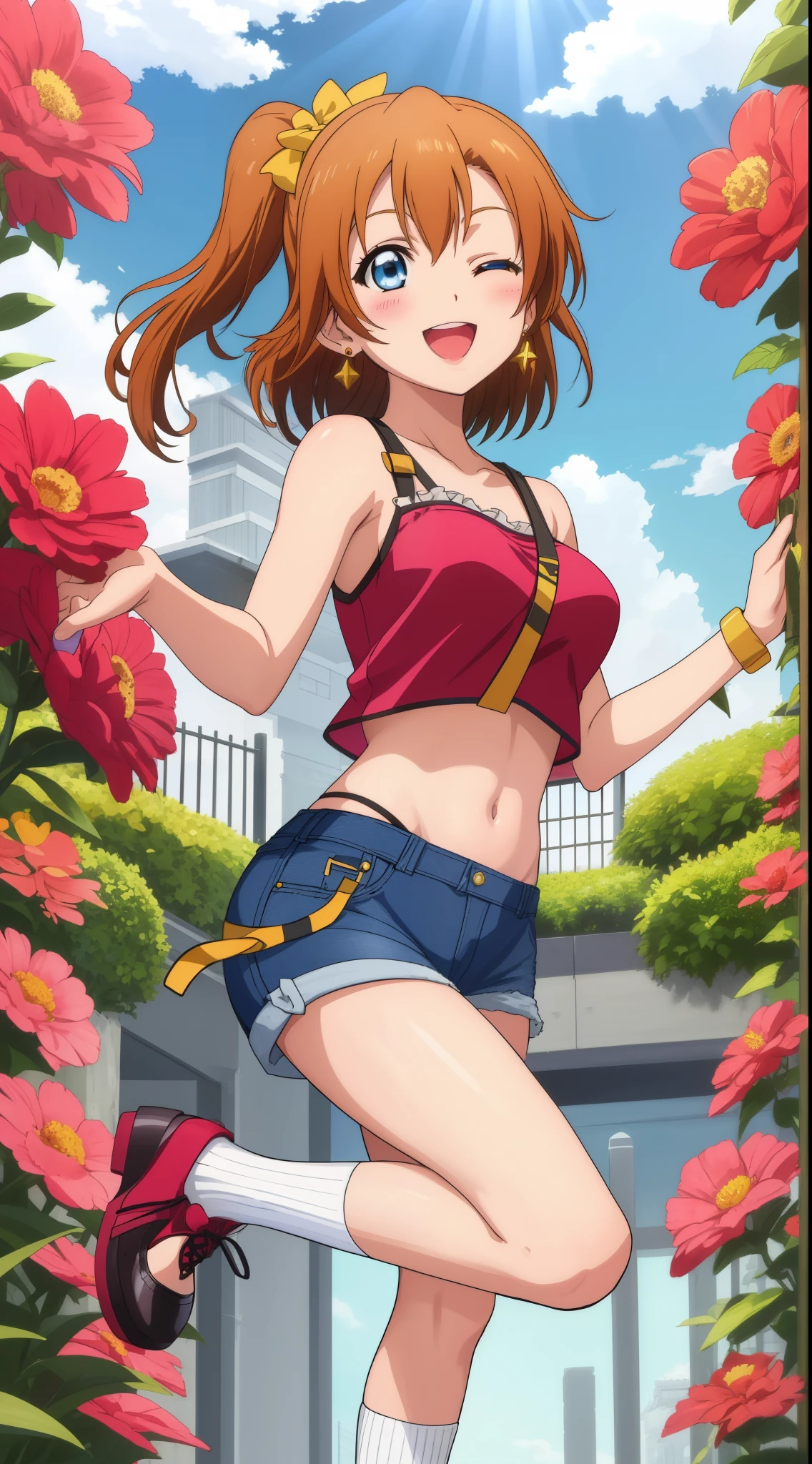 masterpiece, best quality,8k wallpaper, blue eyes, kousaka honoka, breasts , loose shorts,crop top with frilled ends,thin straps, solo, earrings , blushing , sunlight , smile,:D, one eye closed , (standing on one leg), shoes , socks,in garden 