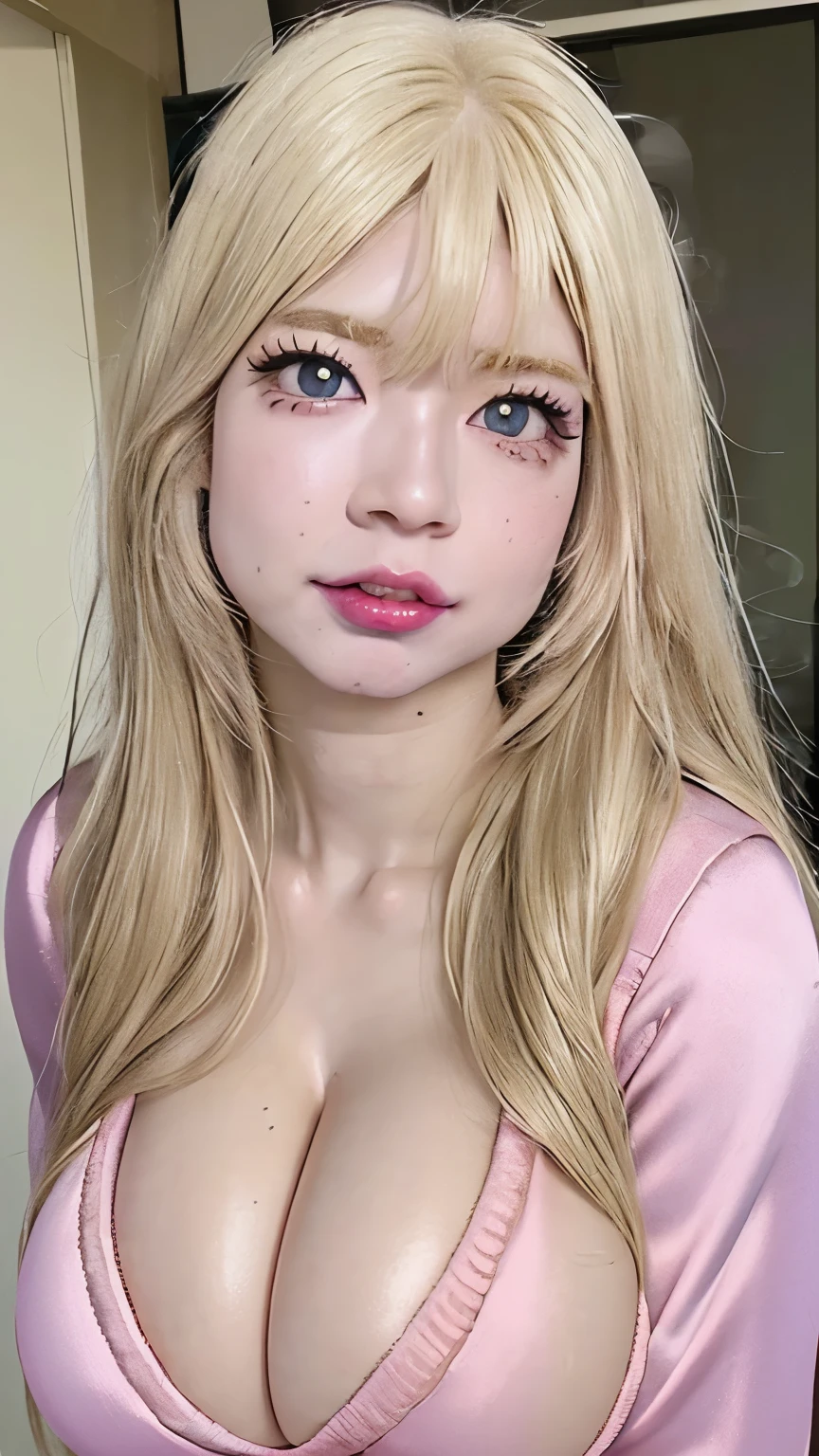 RINA, Babe Rina, 1girl, full body portrait, zoom out portrait, portrait to waist, zoom out to waist, one beautiful woman, wearing revealing sweater, (perfect tight satin sweater:1.8), (pink tight satin sweater:1.8), standing straight, tilt head, (blonde long hair:1.4), blonde straight hairstyle, (blonde straight hair:1.4), Bright eyes, (detailed eye :1.4), blueish eyes, (detailed eyelash:1.6), (long eyelash:1.6), (plump tear bag:1.6), (pink tear bag:1.6), revealing skin, barbie looks, bimbo lips, big lips, red lipgloss, (sexy lips:1.6), (pink room:1.6), showing cleavage, (cleavage:1.8), oppai, (huge breasts:1.2), (gigantic breasts:1.2), looking at camera, Ultra-realistic capture, Highly detailed, High resolution 16k, Skin should look healthy, Use natural light and color, (Glamorous body), Highly detailed, High-definition raw color photos, Professional Photography, Realistic portrait, (Strongly blurred background:1.6)