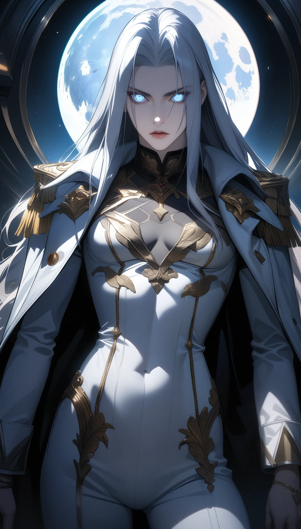 32k, best quality, ultra high res, HDR, UHD, extremely detailed CG, unity 32k wallpaper, masterpiece, highest quality, (alone focus), (Perfect Face:1.1), (Attention to detail:1.1), (Ultra-detailed eyes), dramatic, A man with white skin and long, voluminous white hair, White eyes, alone, Long Hair, Sephiroth, moon, night, White luxury suit, Covered navel, Pouting, fur, Arrogant look, rose園, Detailed Background, Art by artgerm, Cinema Lighting, rose, fashion, Balenciaga Style,