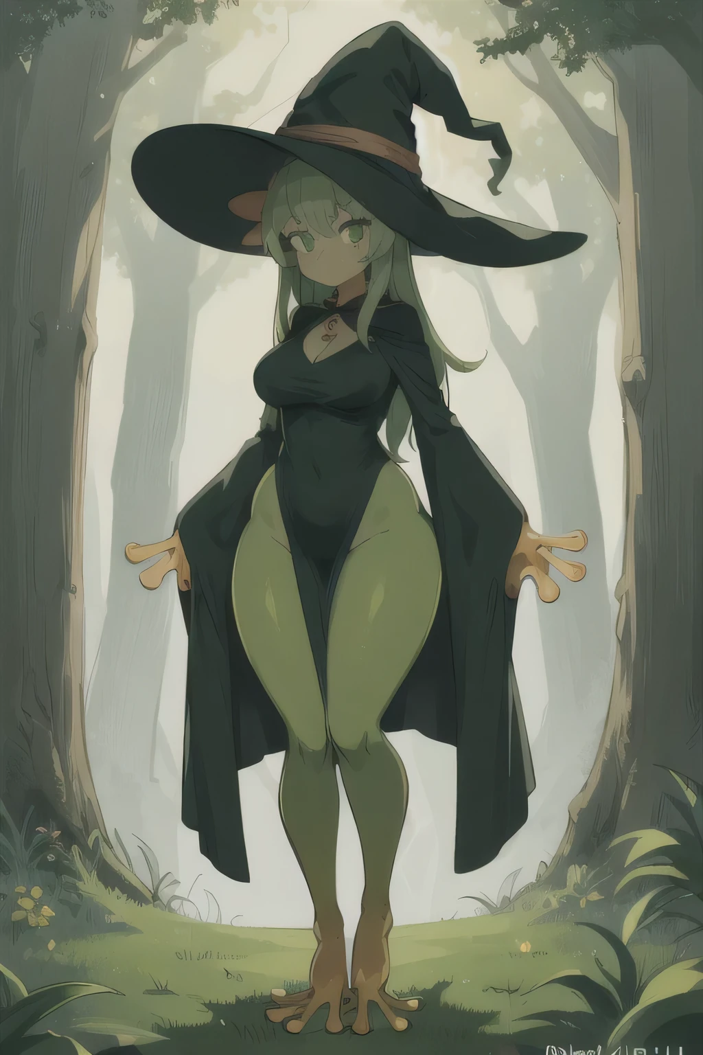 1girl, frog girl, witch hat, full body, outdoors, adult, mature looking, wide hips, dark green dress