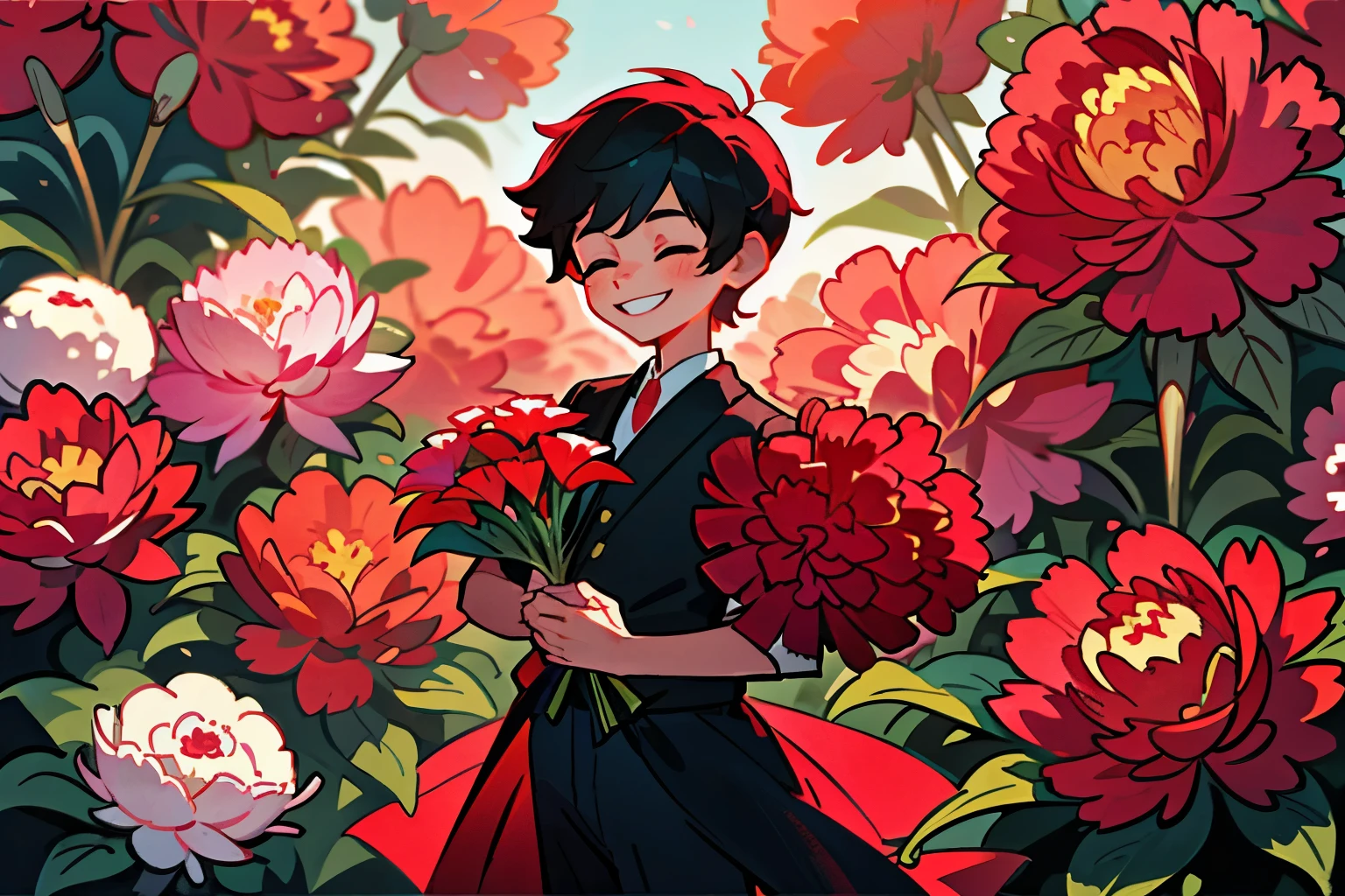 A little boy is offering a bouquet of red flowers to a woman、carnation、Red and pink flowers、Jagged petals、Lots of petals、Smiling boy、Smiling woman、fun、happy