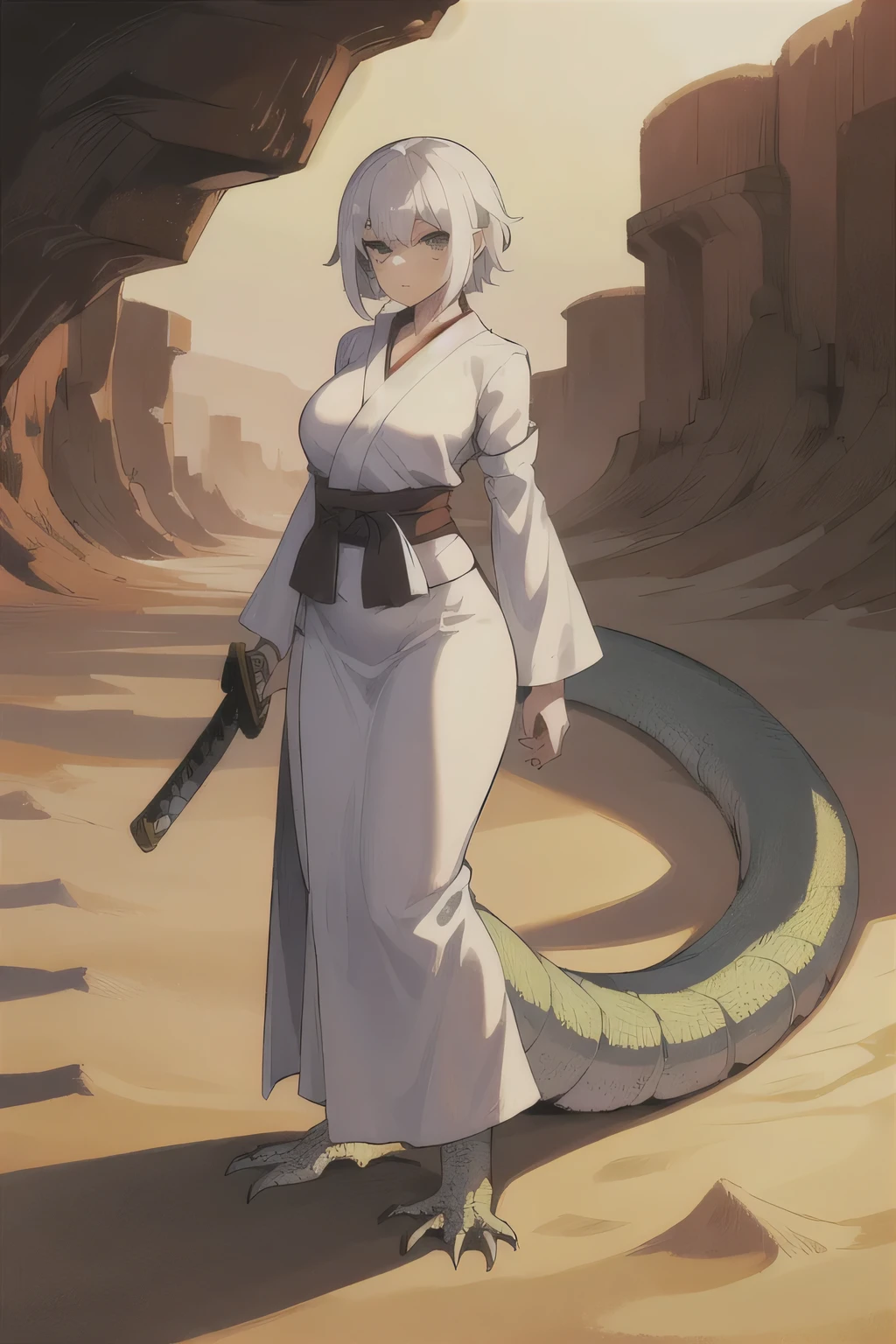 1girl, lizard girl, white robes, full body, outdoors, adult, mature looking, wide hips, katana, desert, white sand,