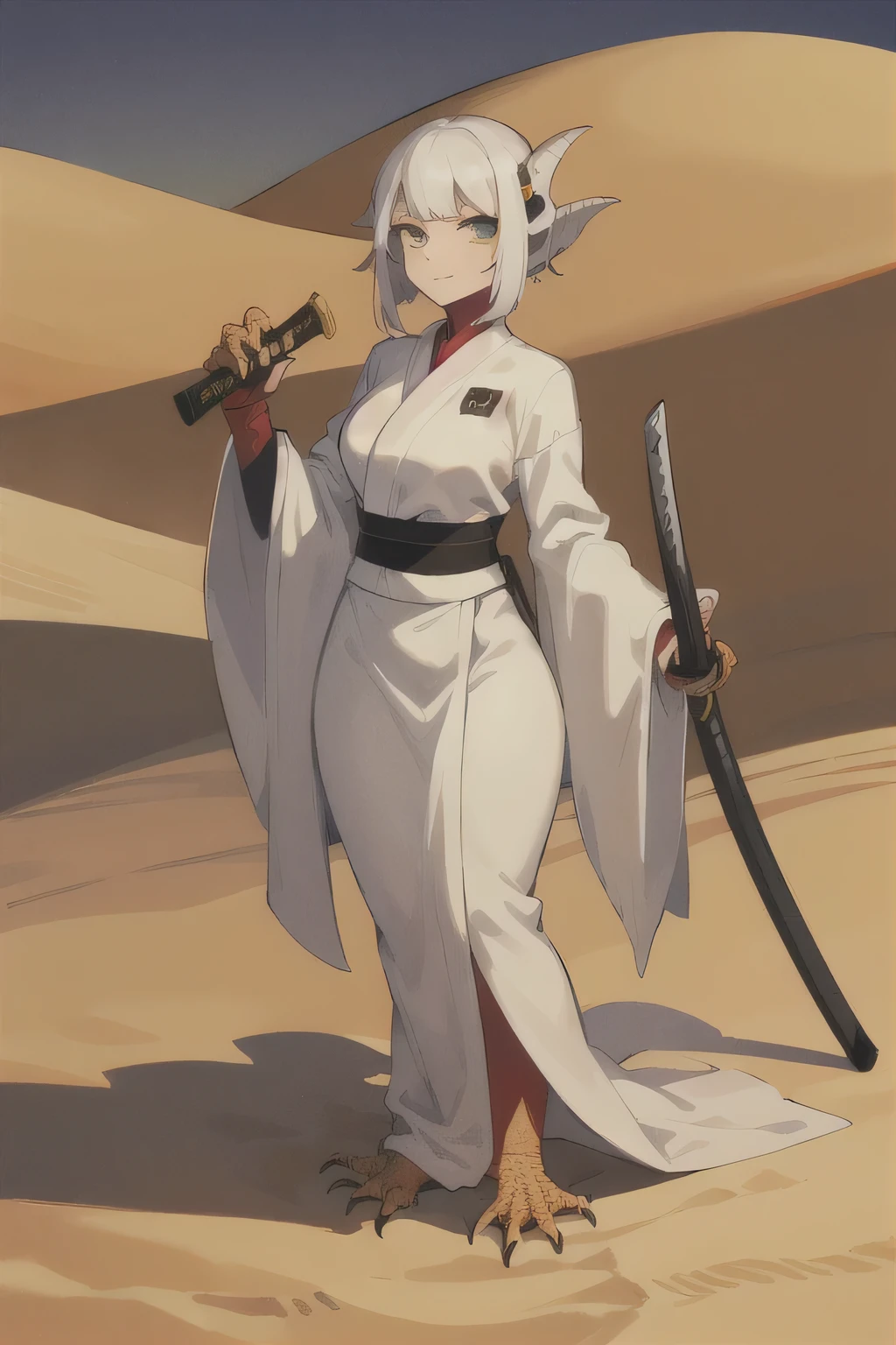 1girl, lizard girl, white robes, full body, outdoors, adult, mature looking, wide hips, katana, desert, white sand,