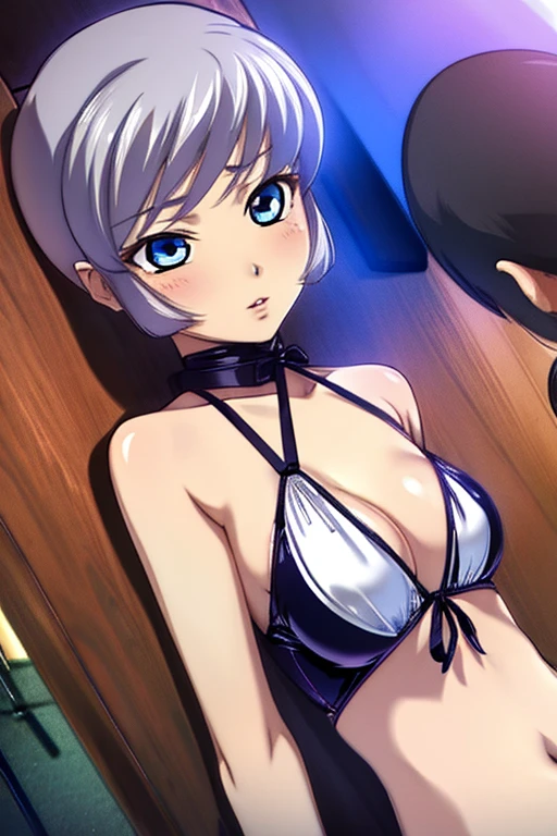 One Girl, irina_enomoto, Ocean, Purple underwear, short hair, Silver Hair, bangs, blue eyes, alone, alone Focus, Focus on women, Face Focus, Enchanting、Swimwear、