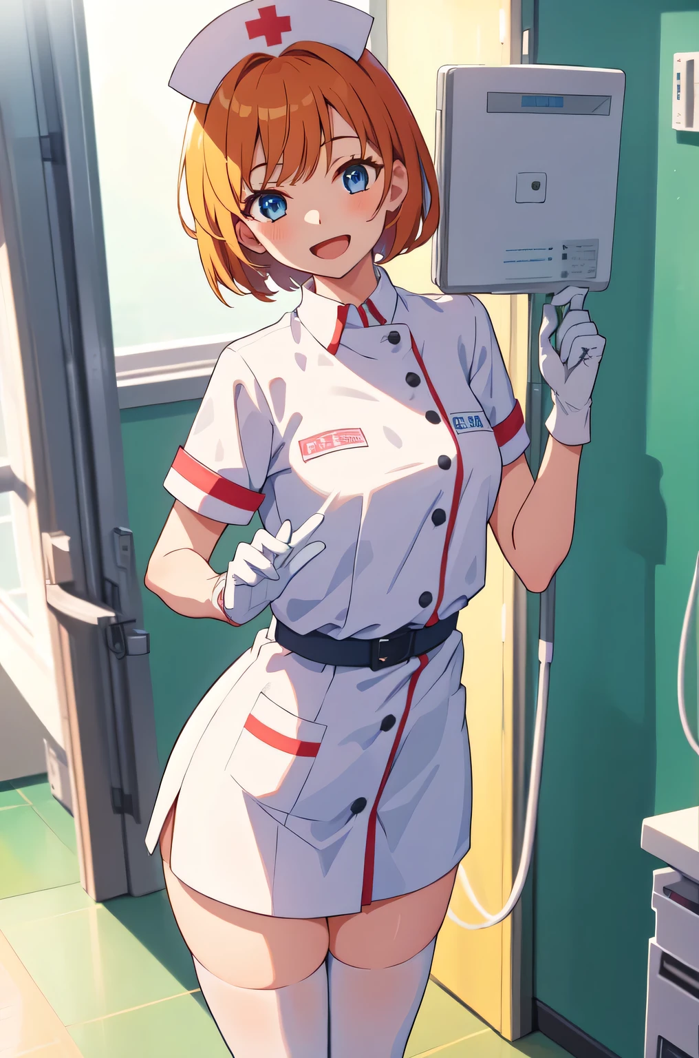 1girl, solo, nurse, nurse cap, white nurse uniform, ((white legwear, zettai ryouiki)), white gloves, very short hair, orange hair, smile, open mouth, standing, ((hospital room)), sharp outline, short sleeves, tomboy, boyish, best quality, masterpiece
