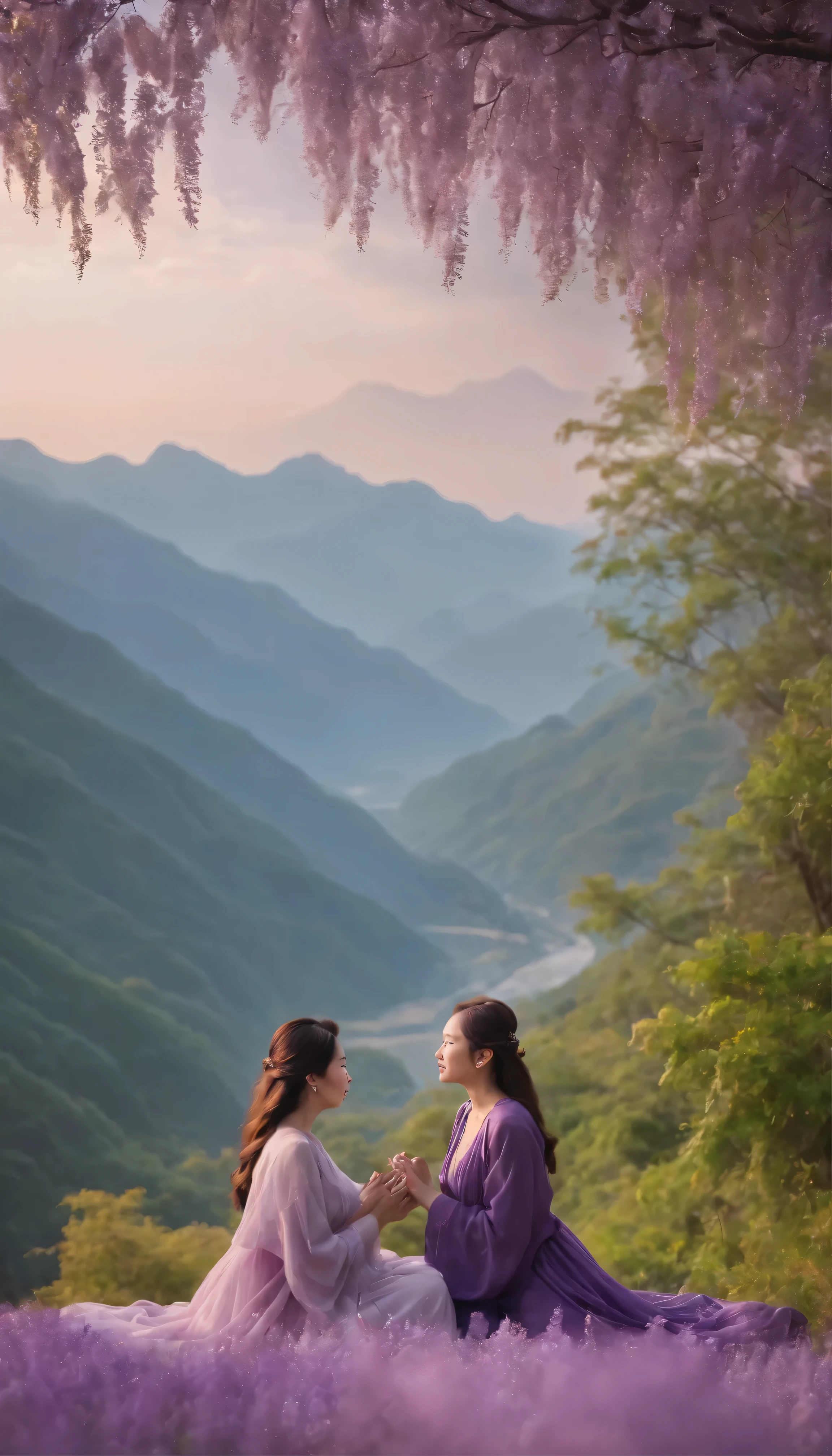 Two people engaged in deep conversation atop a majestic purple mountain、The sun begins to set、It cast a warm and mysterious glow on the landscape.。The unique color of the mountain、The vibrant shades of lilac and mauve dominate the background.、Adds a mystical touch to the scene。The two of them were dressed in contrasting colours.、Take in the breathtaking views of the surrounding area、Expressing deep connection through body language、They seem to be engrossed in the discussion.。The gentle sound of the wind々Swinging between、The occasional chirping of birds creates a tranquil atmosphere.。High definition、