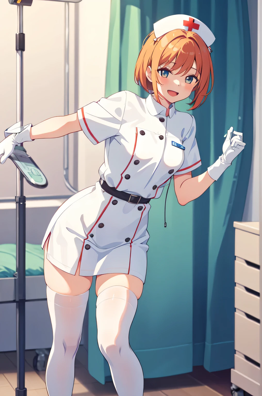 1girl, solo, nurse, nurse cap, white nurse uniform, ((white legwear, zettai ryouiki)), white gloves, very short hair, orange hair, smile, open mouth, standing, ((hospital room)), sharp outline, short sleeves, tomboy, boyish, best quality, masterpiece