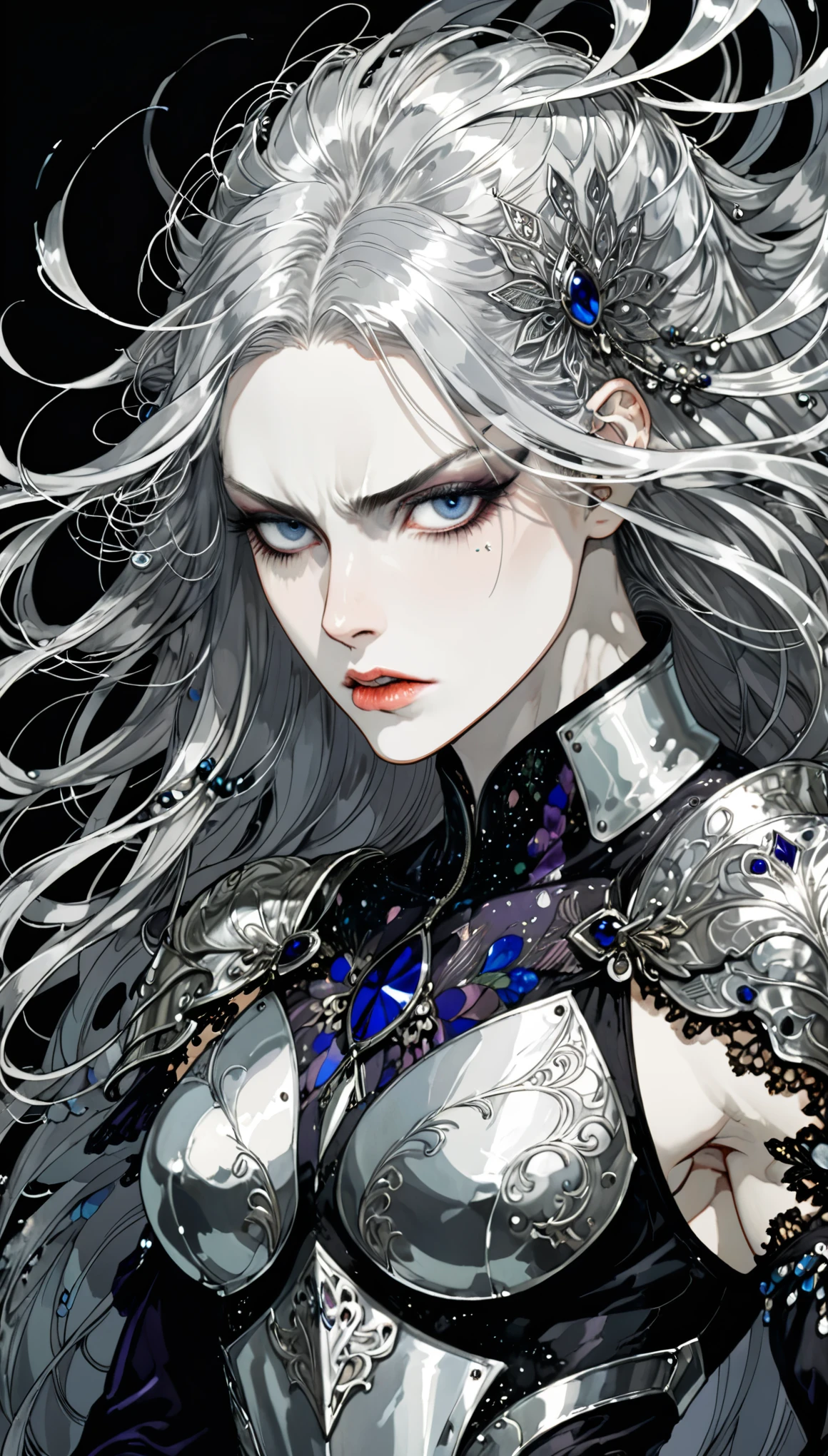 in style of Harry Clarke,muscular female,character concept design,half body,paladin,contemptuous eyes,loose long flying hair,heroic,momentum,boldness,dynamic action,an expression of contempt,a faint sneer hung on the corner of his mouth,Silver long hair,