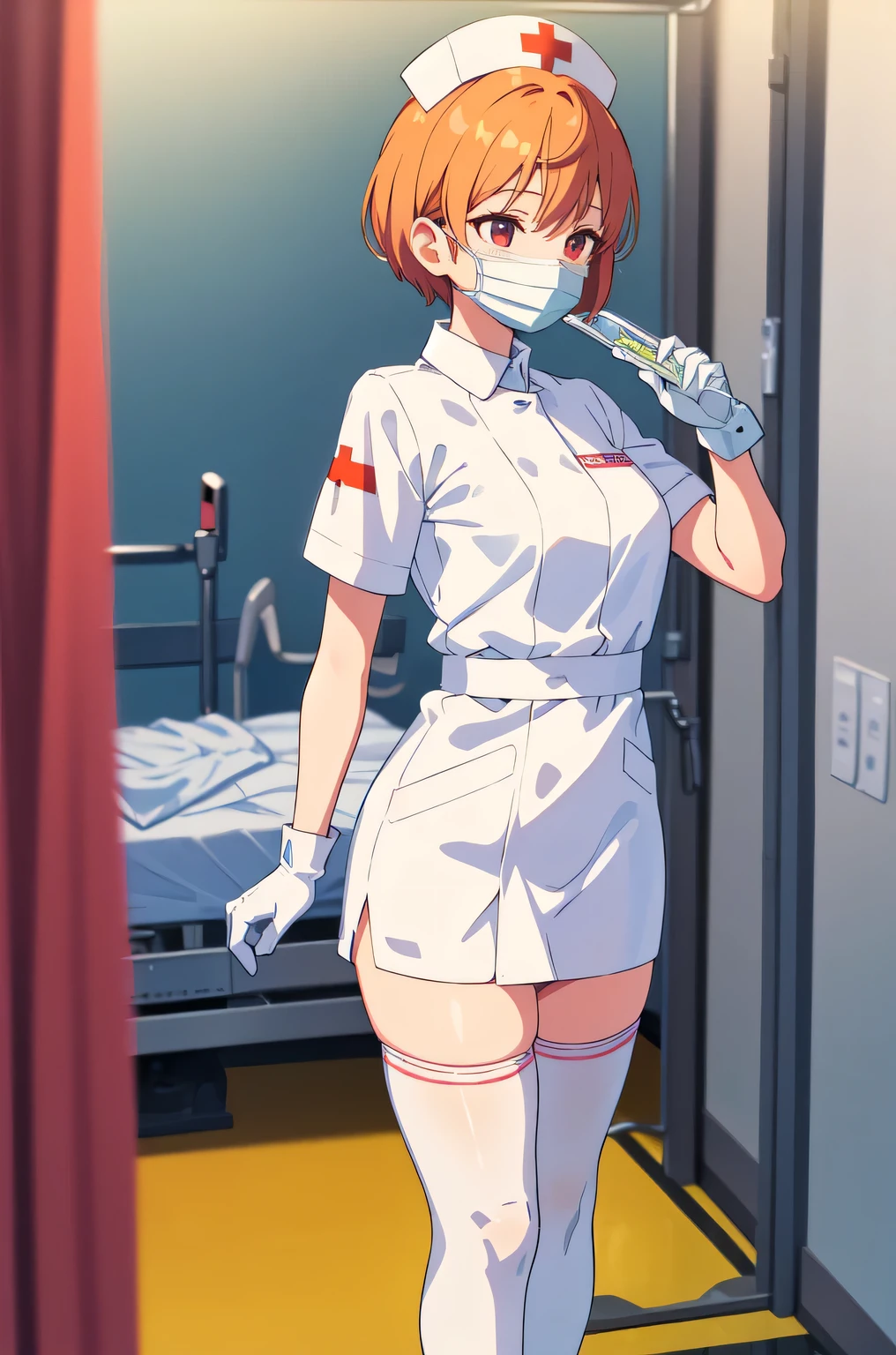 1girl, solo, nurse, nurse cap, white nurse uniform, ((white legwear, zettai ryouiki)), white gloves, very short hair, orange hair, ((white surgical mask, covered nose)), standing, ((hospital room)), sharp outline, short sleeves, tomboy, boyish, best quality, masterpiece
