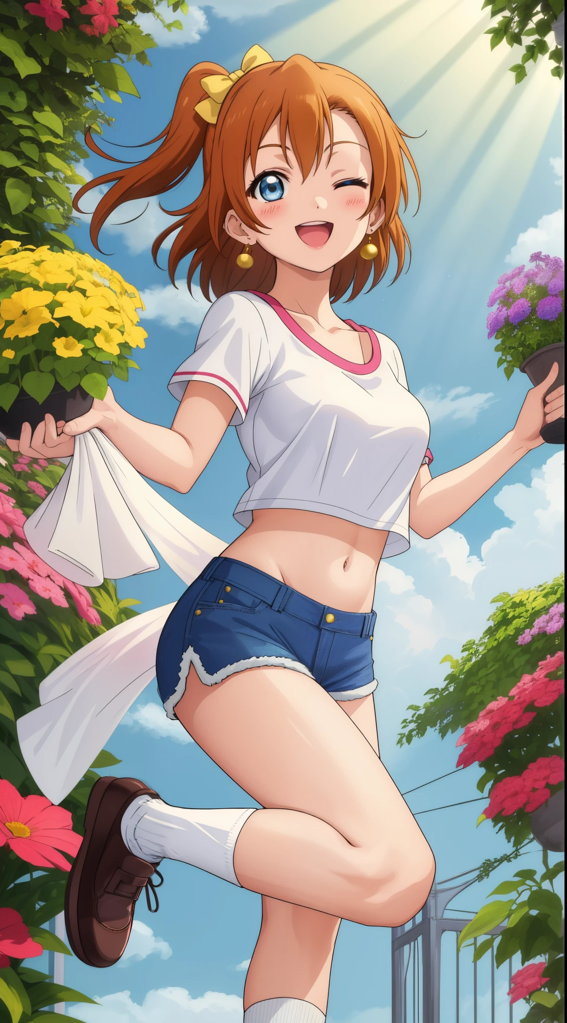 masterpiece, best quality,8k wallpaper, blue eyes, kousaka honoka, breasts , loose shorts,crop top with frilled ends,solo, earrings , blushing , sunlight , smile,:D, one eye closed , (standing on one leg), shoes , socks,in garden 