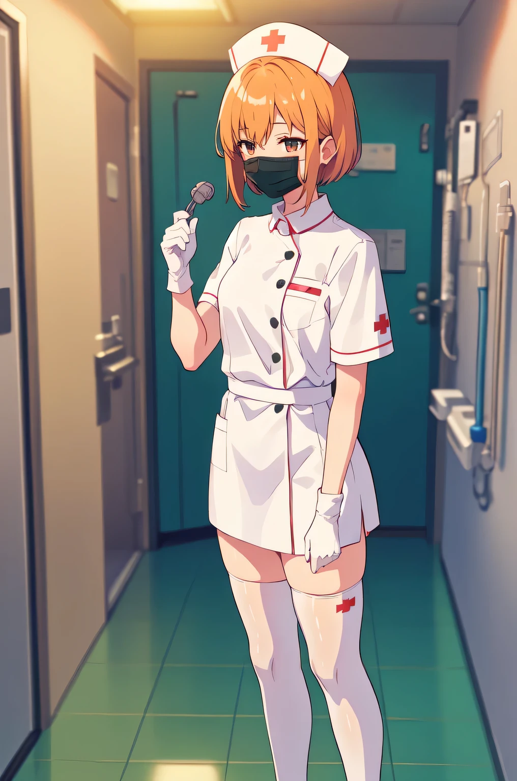 1girl, solo, nurse, nurse cap, white nurse uniform, ((white legwear, zettai ryouiki)), white gloves, very short hair, orange hair, ((white surgical mask, covered nose)), standing, ((hospital room)), sharp outline, short sleeves, tomboy, boyish, best quality, masterpiece