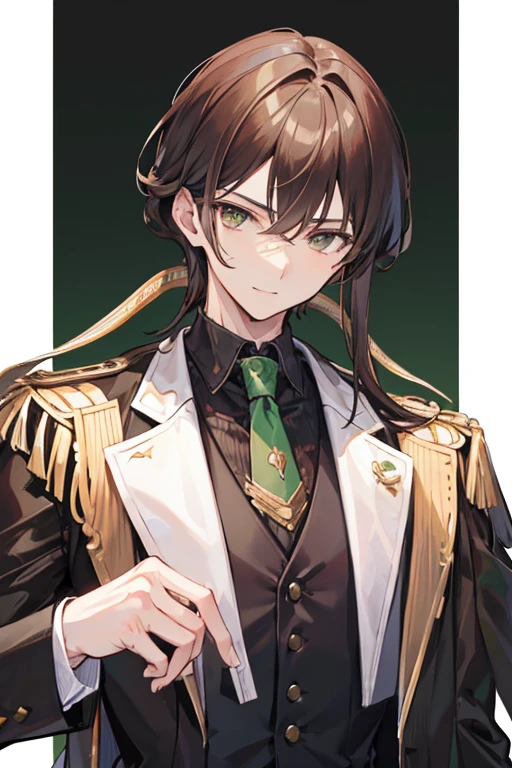 capriccio、Renato Montagna、suit、Green tie、Italian、male、tall、Slim figure、Bright olive skin、Clear, bright brown eyes、Dark red-brown hair、Shoulder-length hair、A well-defined nose、Thin jaw、A confident smile、stylish、A somewhat modest and down-to-earth atmosphere、White background
