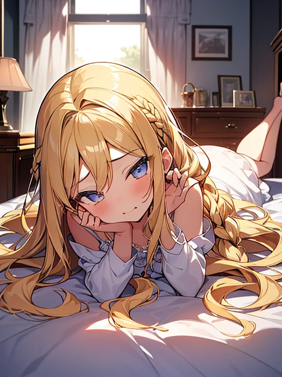 Tabletop, highest quality,figure, wallpaper, Super detailed, Absurd beauty、Lying down、Sloppy、Laziness、((1 beautiful girl、16 years old))、(Blonde、Long Hair、Braided hair、Wavy Hair、Nightdress,Being lazy),((ecstasy face))、My Room、evening、Backlight