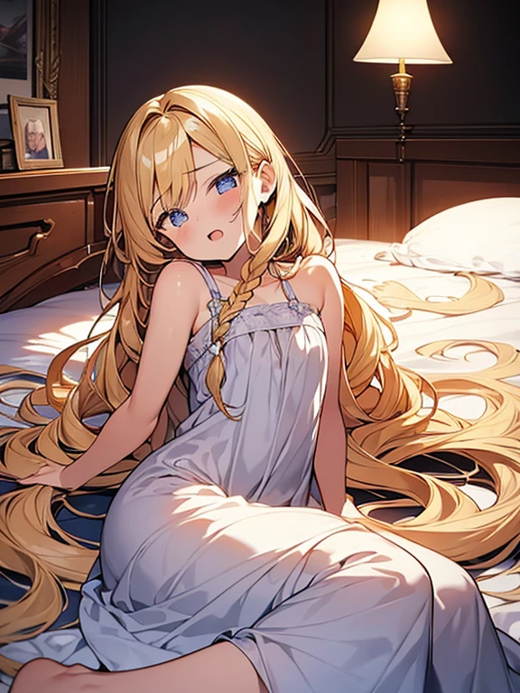 Tabletop, highest quality,figure, wallpaper, Super detailed, Absurd beauty、Lying down、Sloppy、Laziness、((1 beautiful girl、))、(Blonde、Long Hair、Braided hair、Wavy Hair、Nightdress,Being lazy),((ecstasy face))、My Room、evening、Backlight