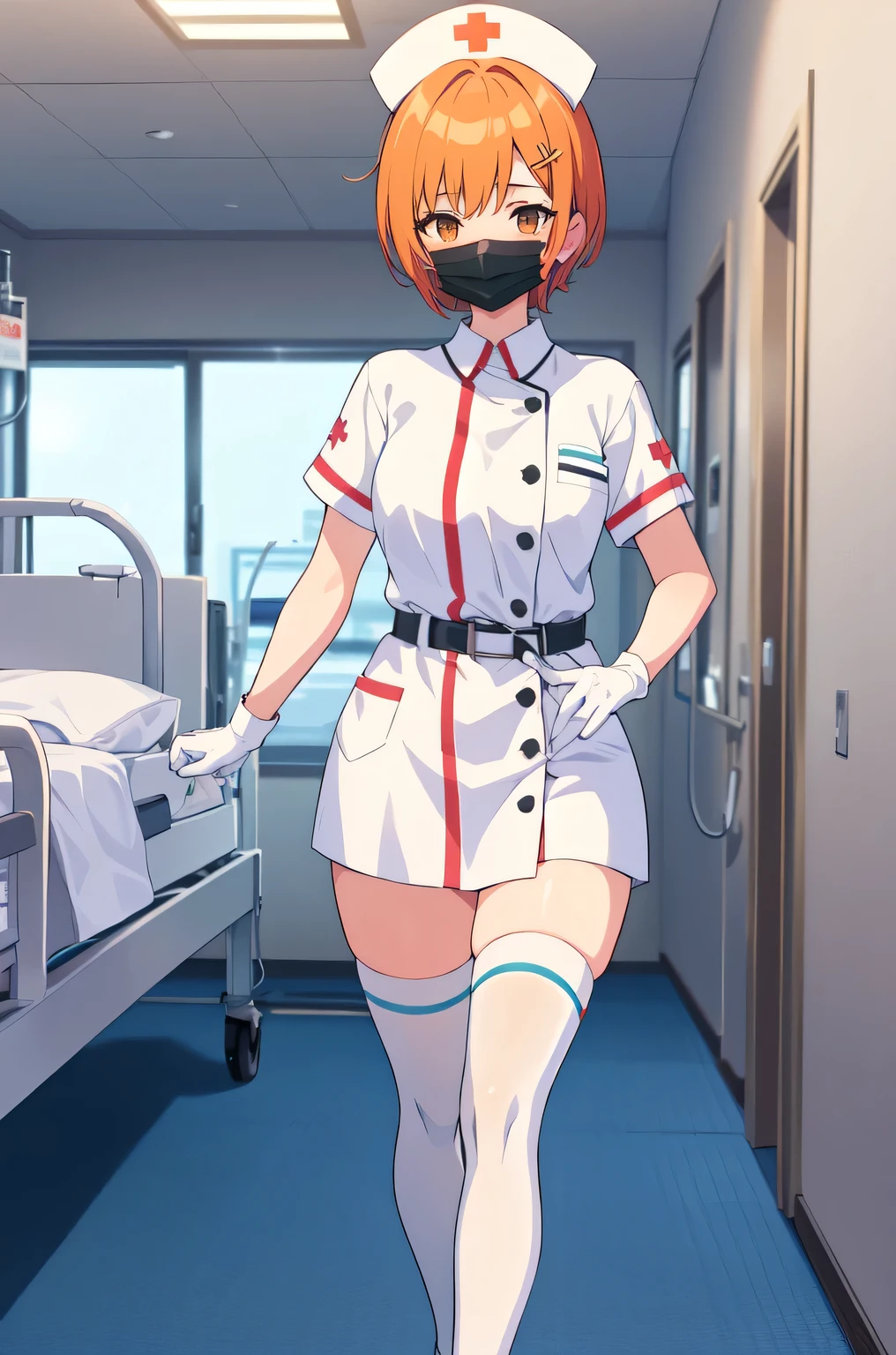 1girl, solo, nurse, nurse cap, white nurse uniform, ((white legwear, zettai ryouiki)), white gloves, very short hair, orange hair, ((white surgical mask, covered nose)), standing, ((hospital room)), sharp outline, short sleeves, tomboy, boyish, best quality, masterpiece