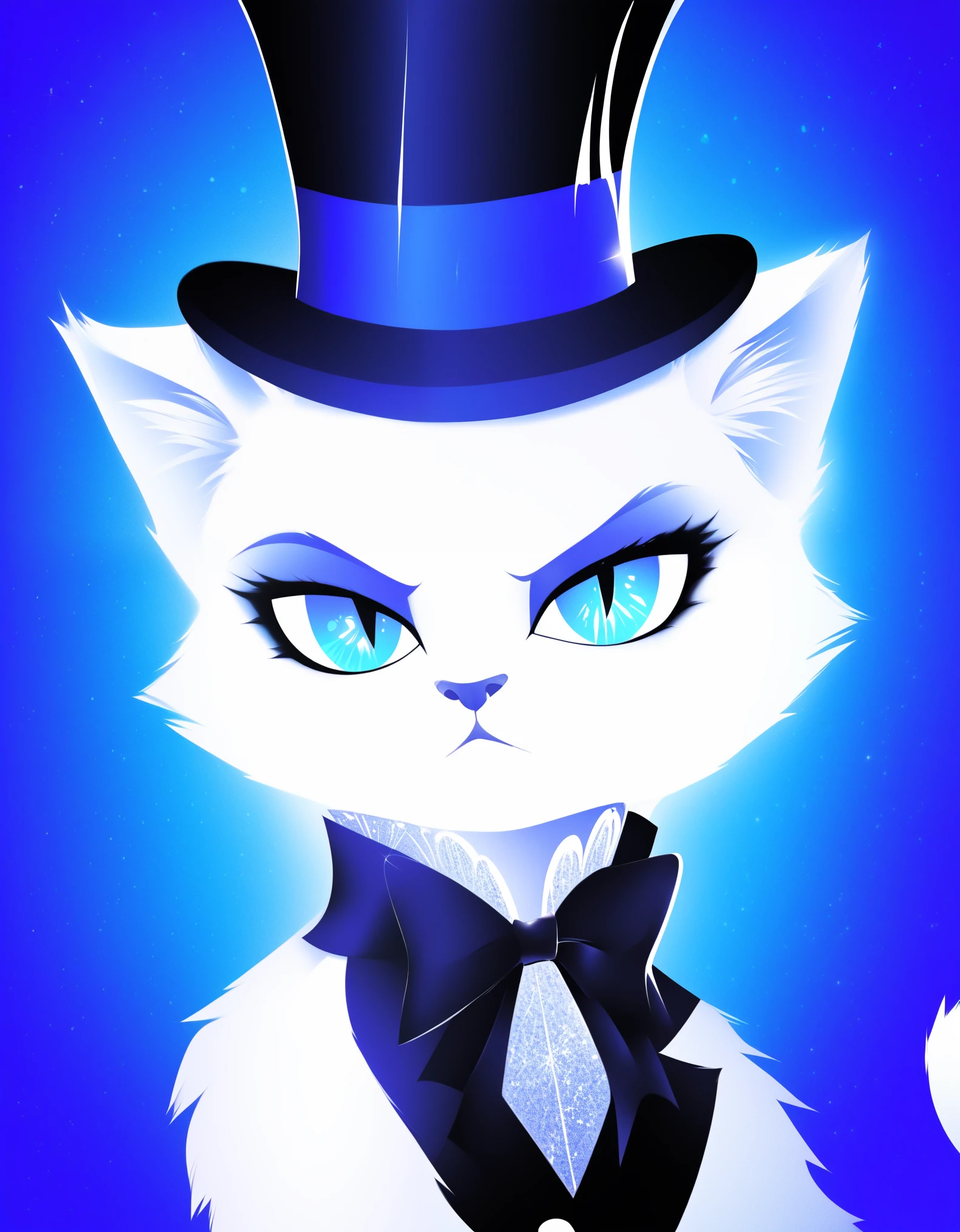 masterpiece, best quality, ultra high res, a cute cat, animal, beautiful, visually stunning, elegant, incredible details, award-winning painting, high contrast, vector art, line art, splatter, flat color, color merge gradient, (kitten:0.7), (dark blue theme:1.2), n3on, glowing, neon, (fluffy:1.2), top hat, cat eyes, serious, magenta, (no humans:1.4)