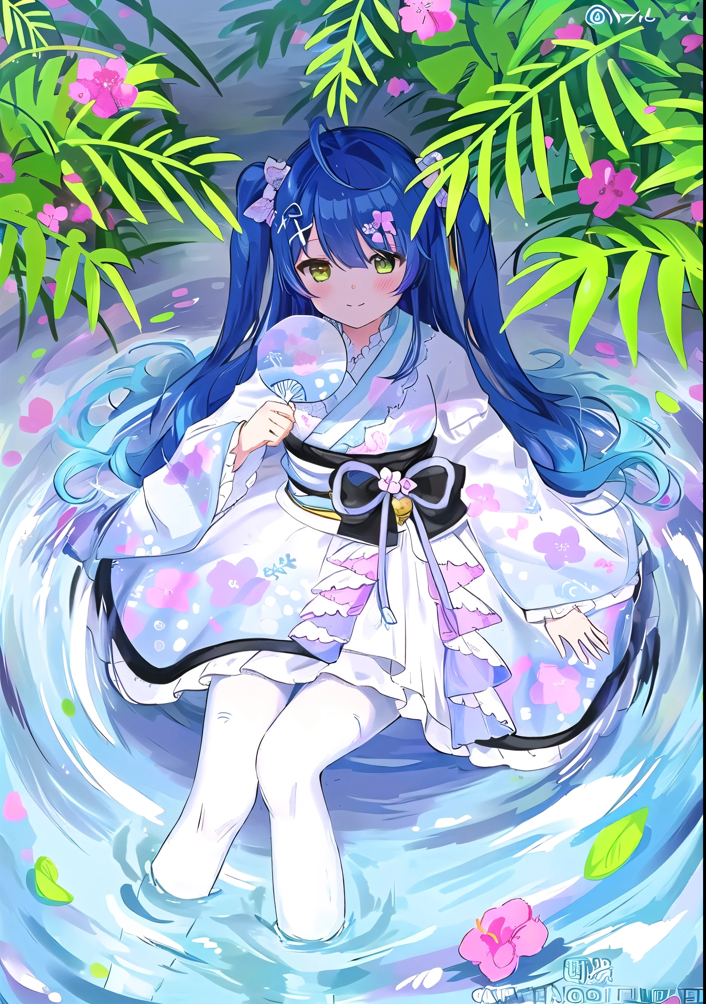 A painting,The painting shows a girl in a dress sitting by a pond, Ink art animation , Cute anime girl in a beautiful skirt, Anime cute art style, Anime visuals of cute girls, Wallpaper Anime Blue Water, Water Element, Tsien, pixiv contest winners, Beautiful anime art style, Anime girl walking on water, High-quality anime art style