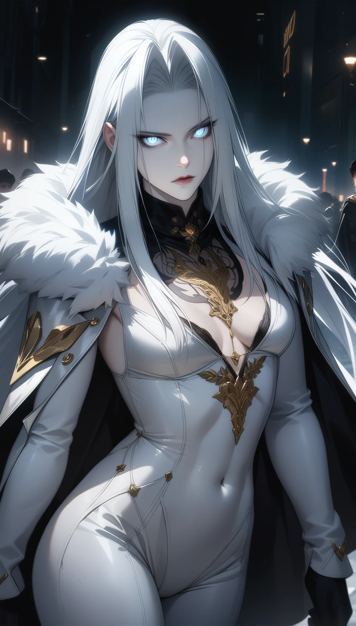 1 female,long white hair with bangs, amethyst eyes,beautiful,intelligent,slender body,calm,mastermind strategist ,wearing a black elegant dress,nprincess, medieval fantasy, castle background ,upper body, details