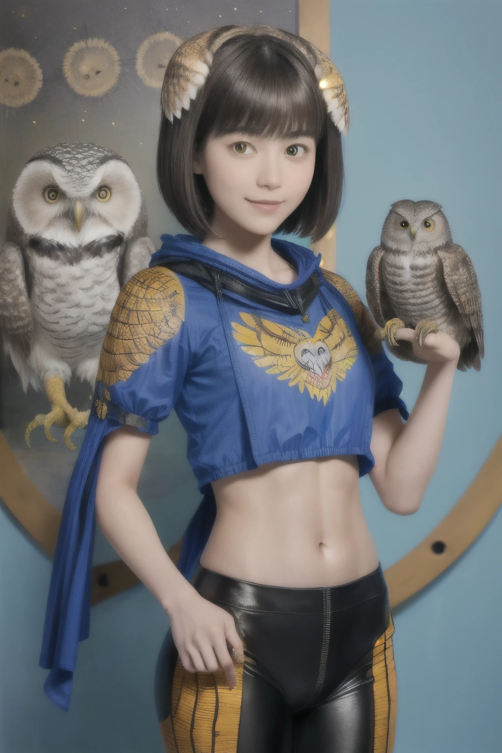 224 Short Hair, 20-year-old woman, A kind smile, (There are also colorful owls), (Rembrandt-style painting), ((machinery suit,Clothes with short sleeves)),I can see your abs