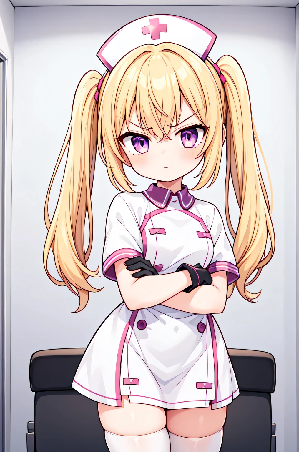 1girl, solo, nurse, nurse cap, white nurse uniform, ((white legwear, zettai ryouiki)), white gloves, twintails, yellow hair, purple eyes, angry, crossed arms, standing, ((hospital room)), sharp outline, short sleeves, best quality, masterpiece