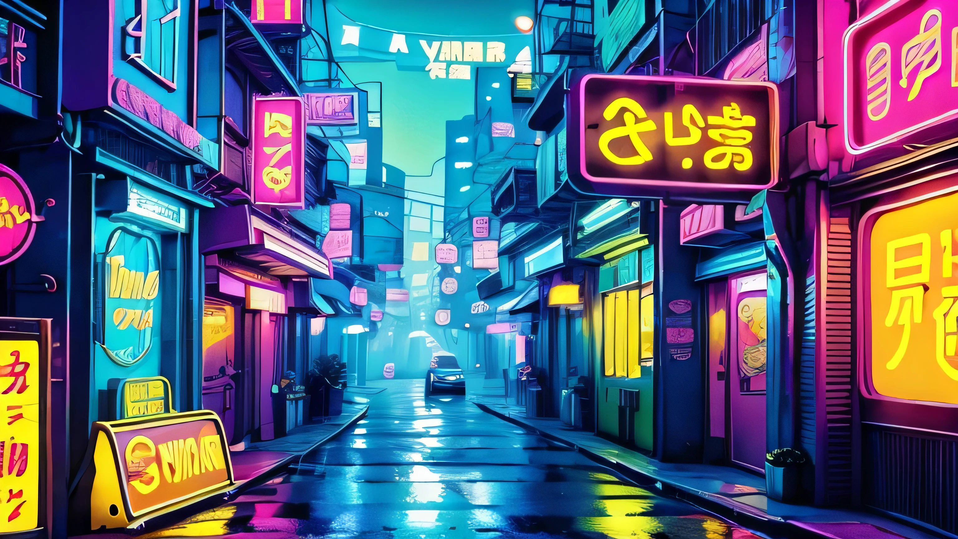 yellow, banana themed vibrant cyberpunk city street, neon, bright colors 