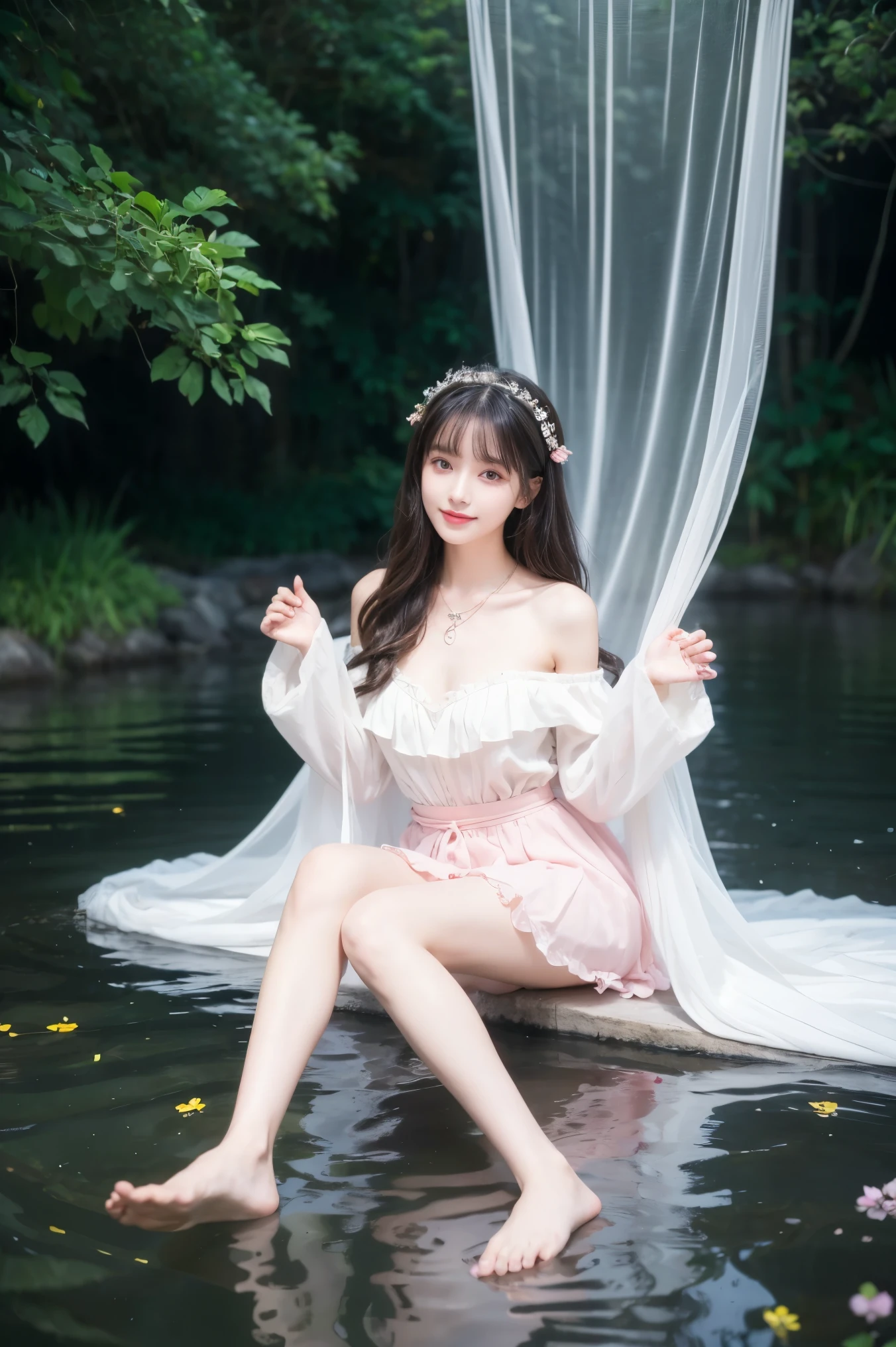 1girl, solo, long hair, flower, thighhighs, yellow eyes, white thighhighs, water, looking at viewer, tree, sitting, bare shoulders, barefoot, branch, very long hair, ass, reflection, veil, bangs, dress, off shoulder, jewelry, smile, breasts, white hair, full body, long sleeves, thighs, wide sleeves, necklace, fur trim, knee up, night, feet, white dress, pink flower, anklet, parted lips, hand up, hair ornament, ripples