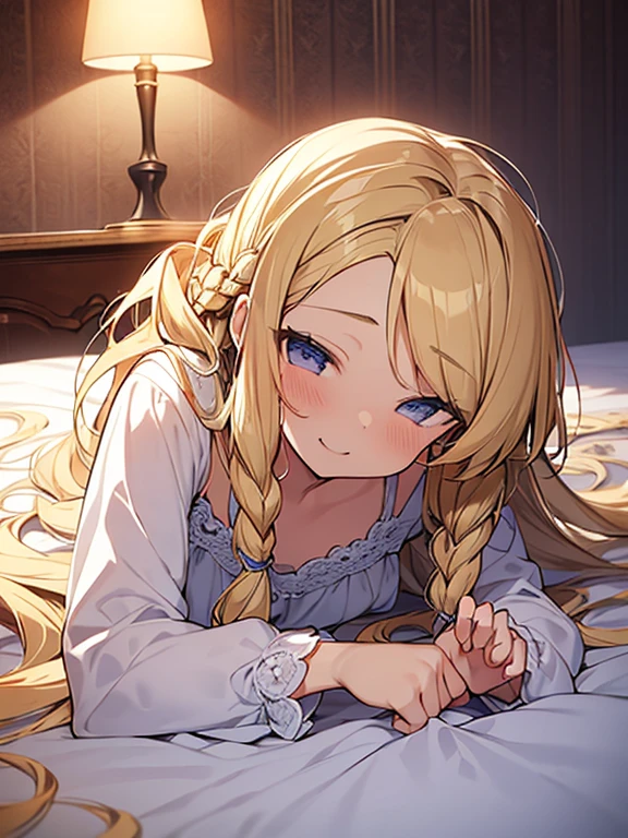 Tabletop, highest quality,figure, wallpaper, Super detailed, Absurd beauty、Lying down、Sloppy、((1 beautiful girl、))、(Blonde、Long Hair、Braided hair、Wavy Hair、Nightdress,Being lazy),((ecstasy face))、On the bed