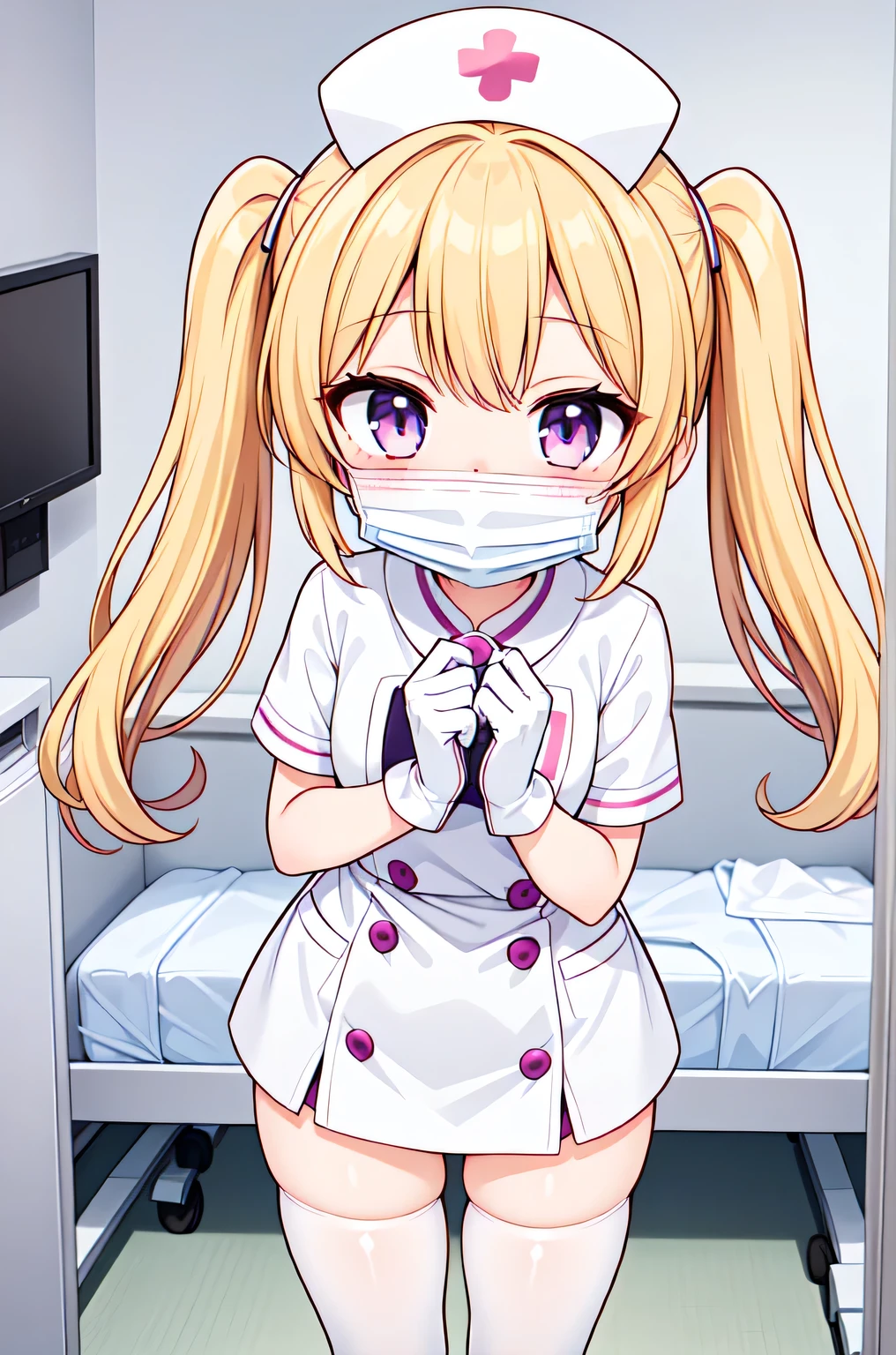 1girl, solo, nurse, nurse cap, white nurse uniform, ((white legwear, zettai ryouiki)), white gloves, twintails, yellow hair, purple eyes, ((white surgical mask, covered nose)), standing, ((hospital room)), sharp outline, short sleeves, best quality, masterpiece