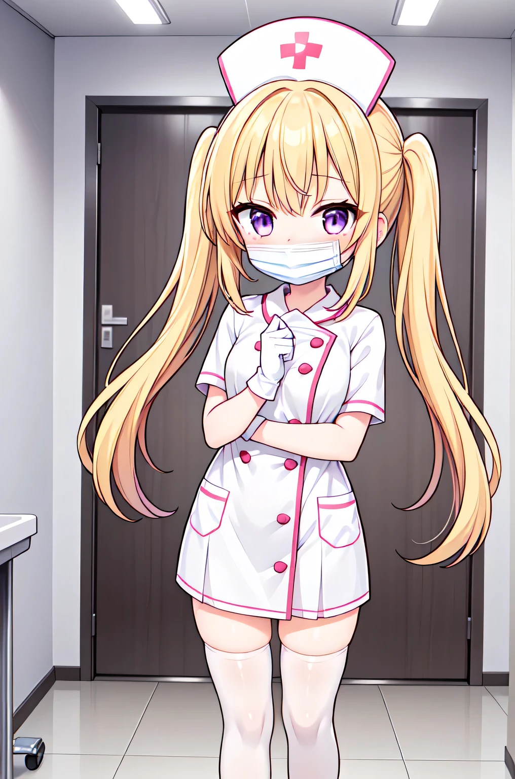 1girl, solo, nurse, nurse cap, white nurse uniform, ((white legwear, zettai ryouiki)), white gloves, twintails, yellow hair, purple eyes, ((white surgical mask, covered nose)), standing, ((hospital room)), sharp outline, short sleeves, best quality, masterpiece