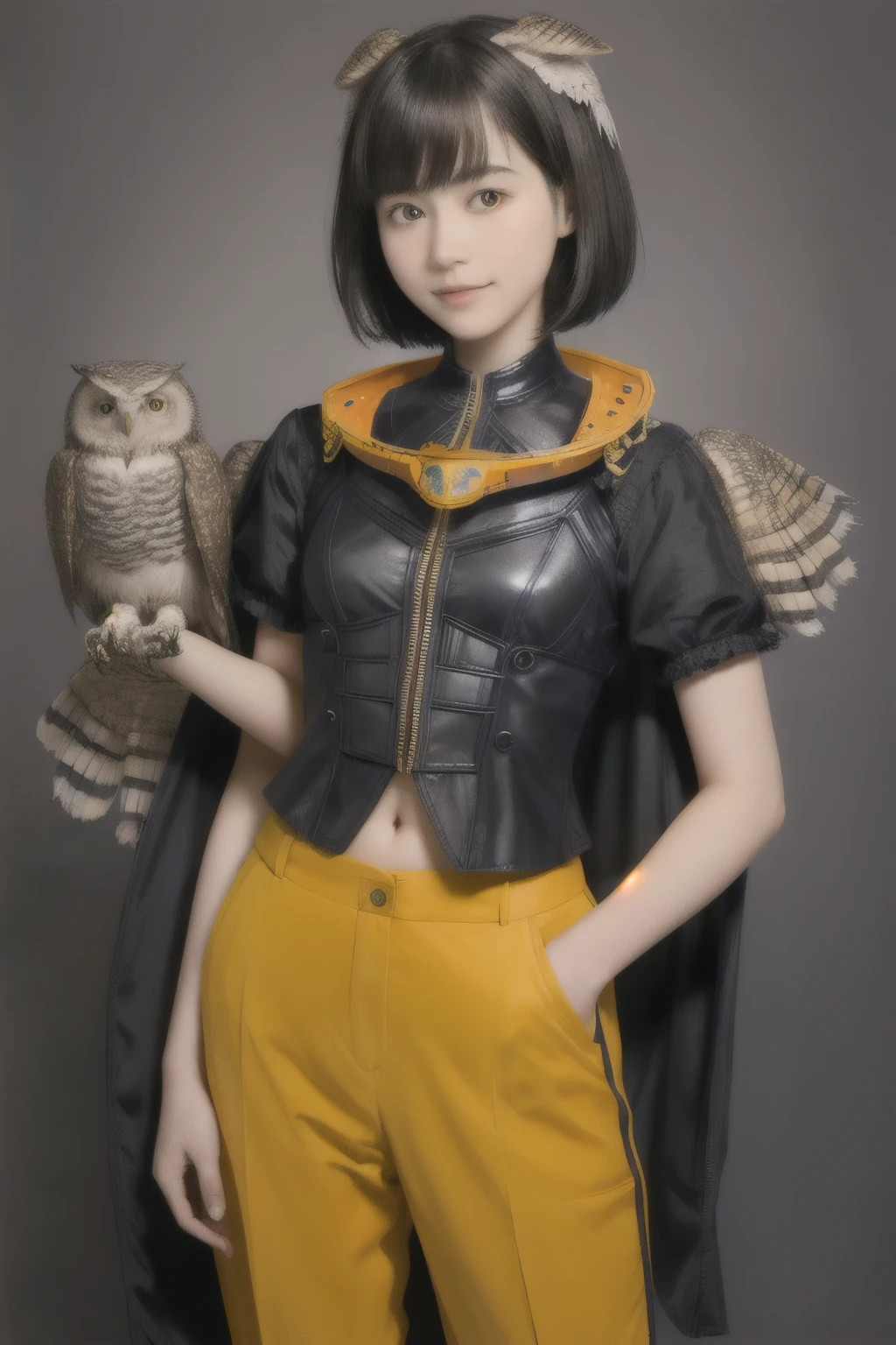 224 Short Hair, 20-year-old woman, A kind smile, (There are also colorful owls), (Rembrandt-style painting), ((machinery suit,Clothes with short sleeves)),I can see your abs