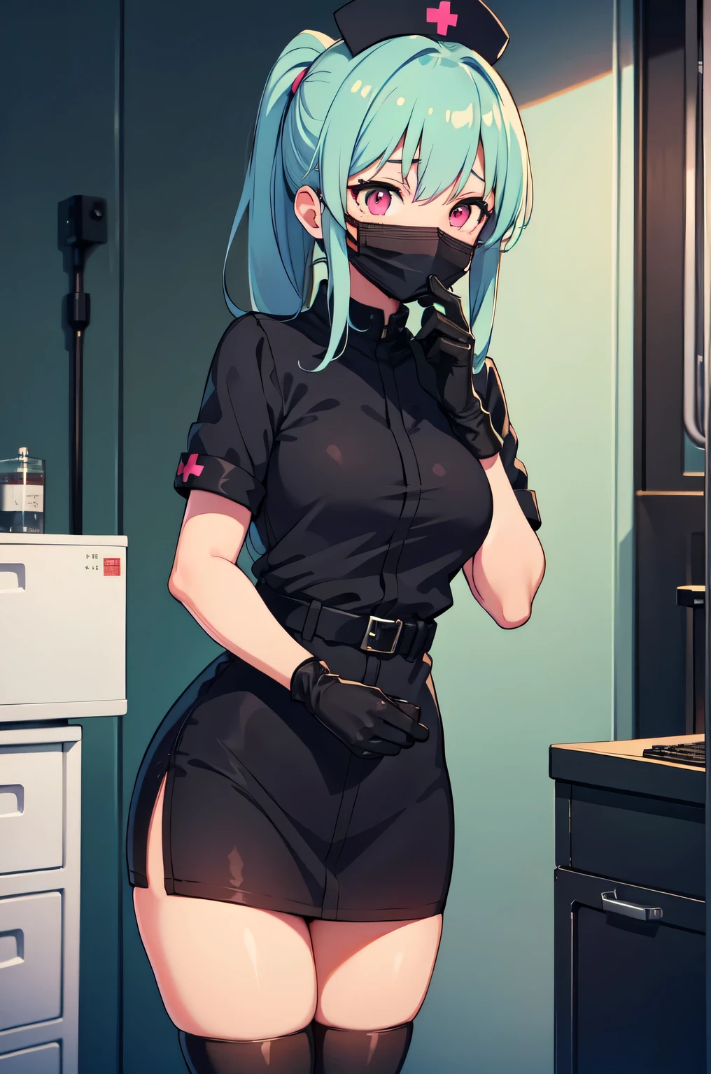 black nurse, 1girl, solo, black nurse cap, black nurse uniform, ((black legwear, zettai ryouiki)), black elbow gloves, ponytail, green hair, pink eyes, ((black surgical mask, covered nose)), standing, ((surgery room)), sharp outline, short sleeves, best quality, masterpiece